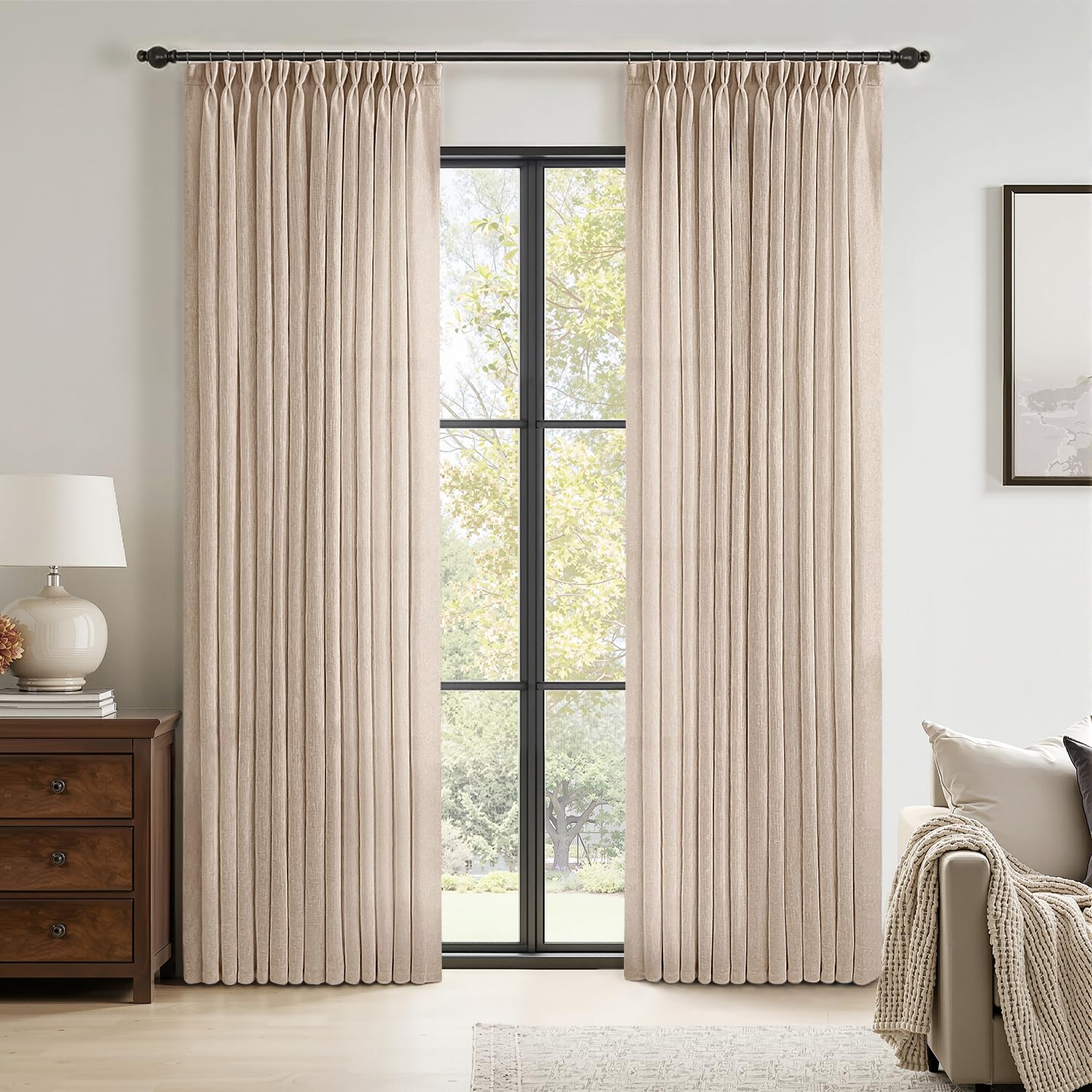 MIULEE Pinch Pleated Linen Curtains 84 Inches Long 2 Panels for Bedroom Living Room, Soft Thick Linen Textured Window Drapes Back Tab Hooks Semi Sheer Light Filtering Farmhouse，Beige