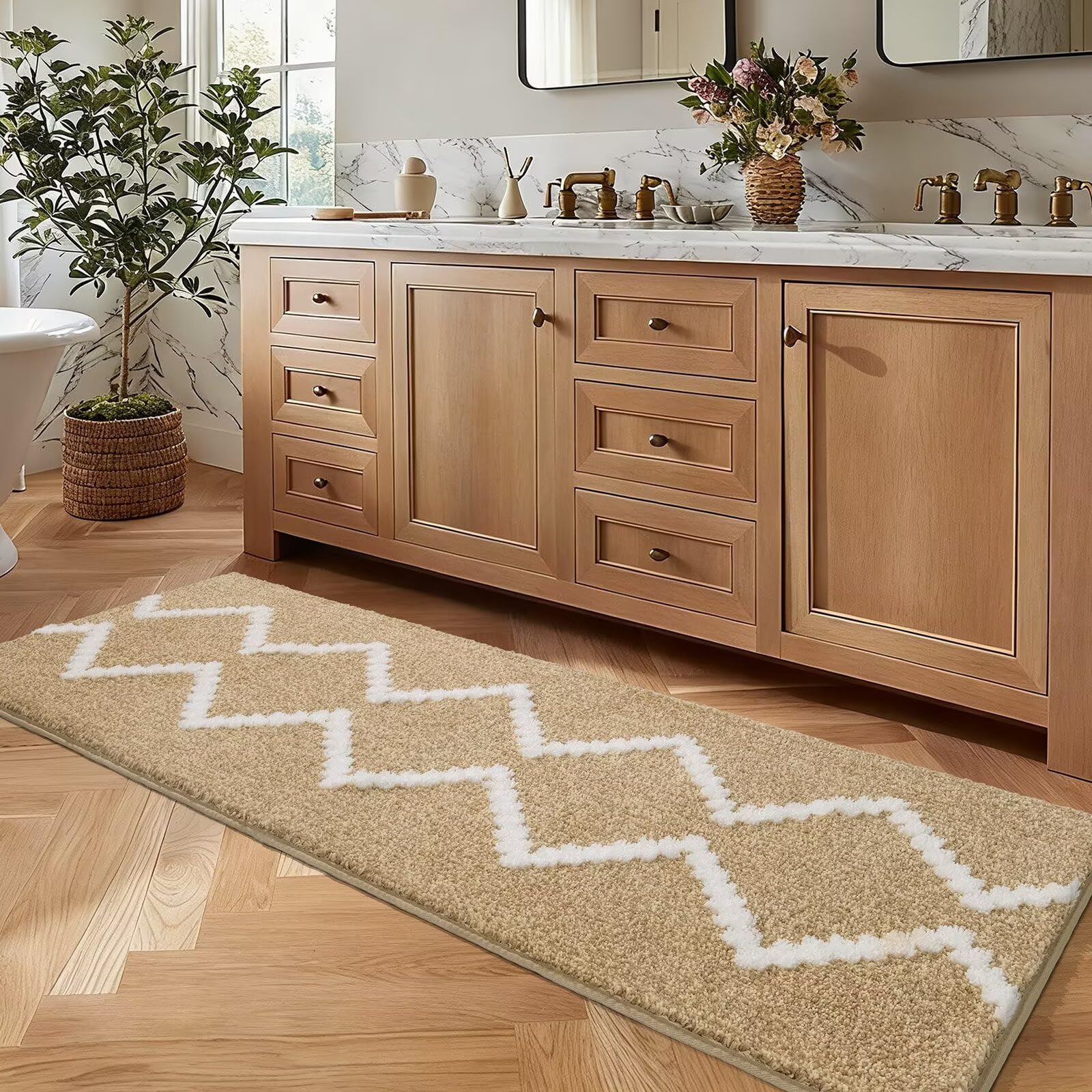 DEXDE Bathroom Rugs Runner 24x47 Long Bath Rug Non Slip Soft Washable Large Bath Mats for Bathroom Bedroom Hallway Kitchen Floor Carpet Modern Boho Decor, Beige