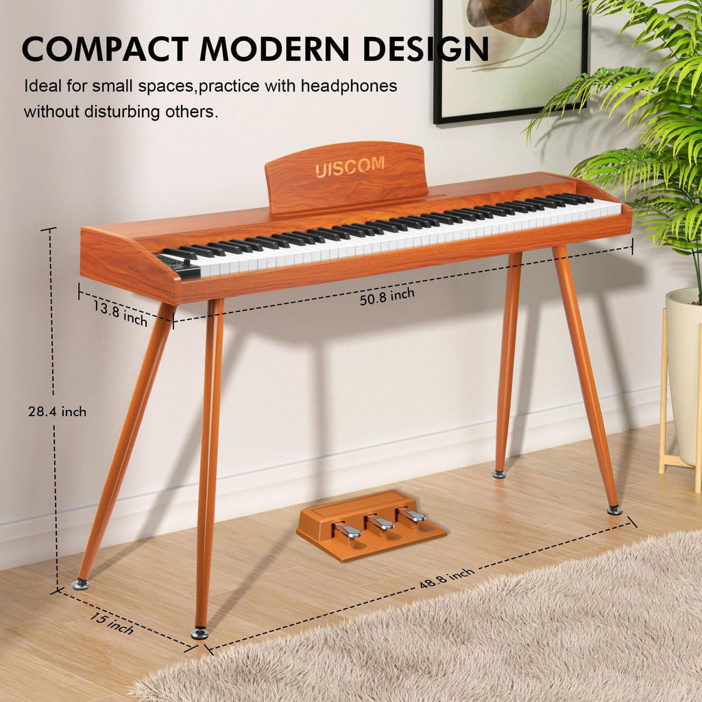 UISCOM Digital Piano Keyboard for Beginners, Full Size 88 Key Semi-Weighted Keyboard Electric Piano with Stand,Power Adapter,Sheet Music Stand,Pedal,Headphone,USB-MIDI Compatible,Wood Grain Apricot