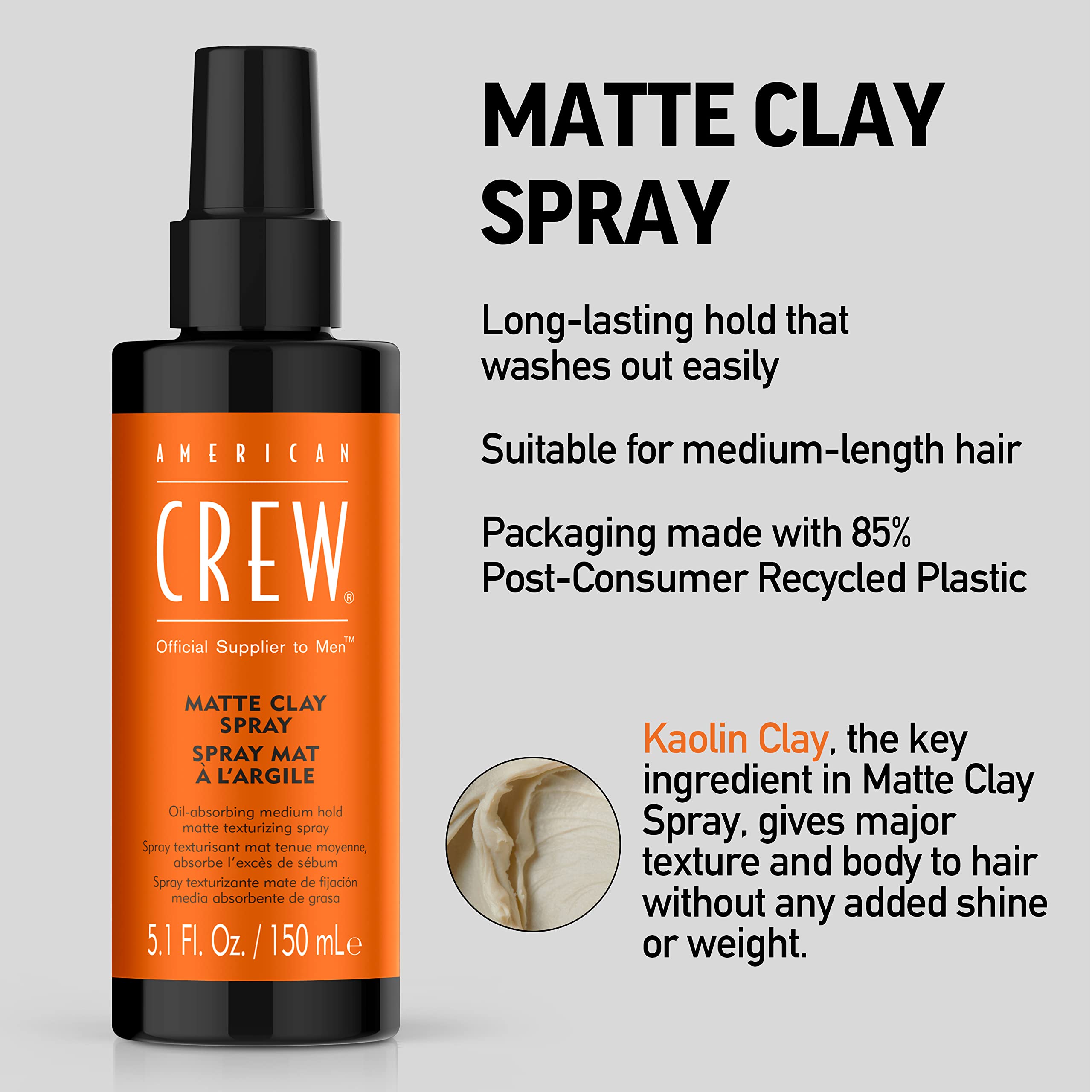 American Crew Matte Clay Spray For Men, Texturizing Spray with Matte Finish, Adds Texture, Volume & Thickness, 5.1 oz