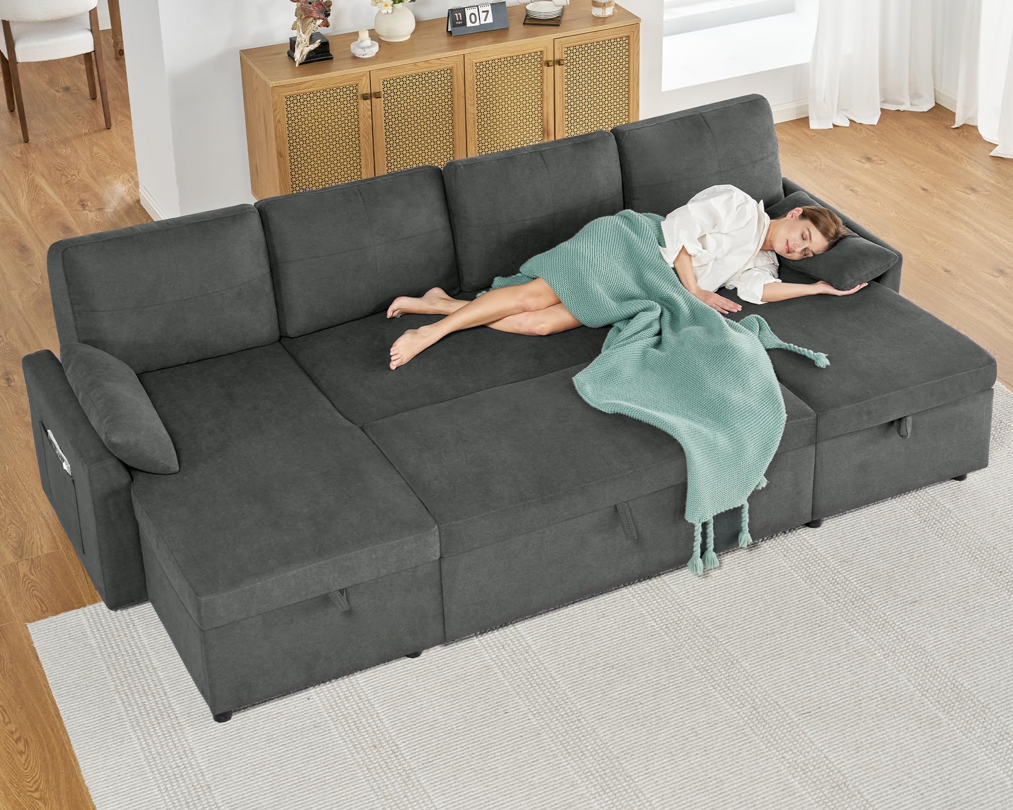 PaPaJet Sofa Bed, Sleeper Sofa with Storage Chaise, L Shaped Sofa with Pull Out Bed, Oversized Sofas for Living Room, Beige
