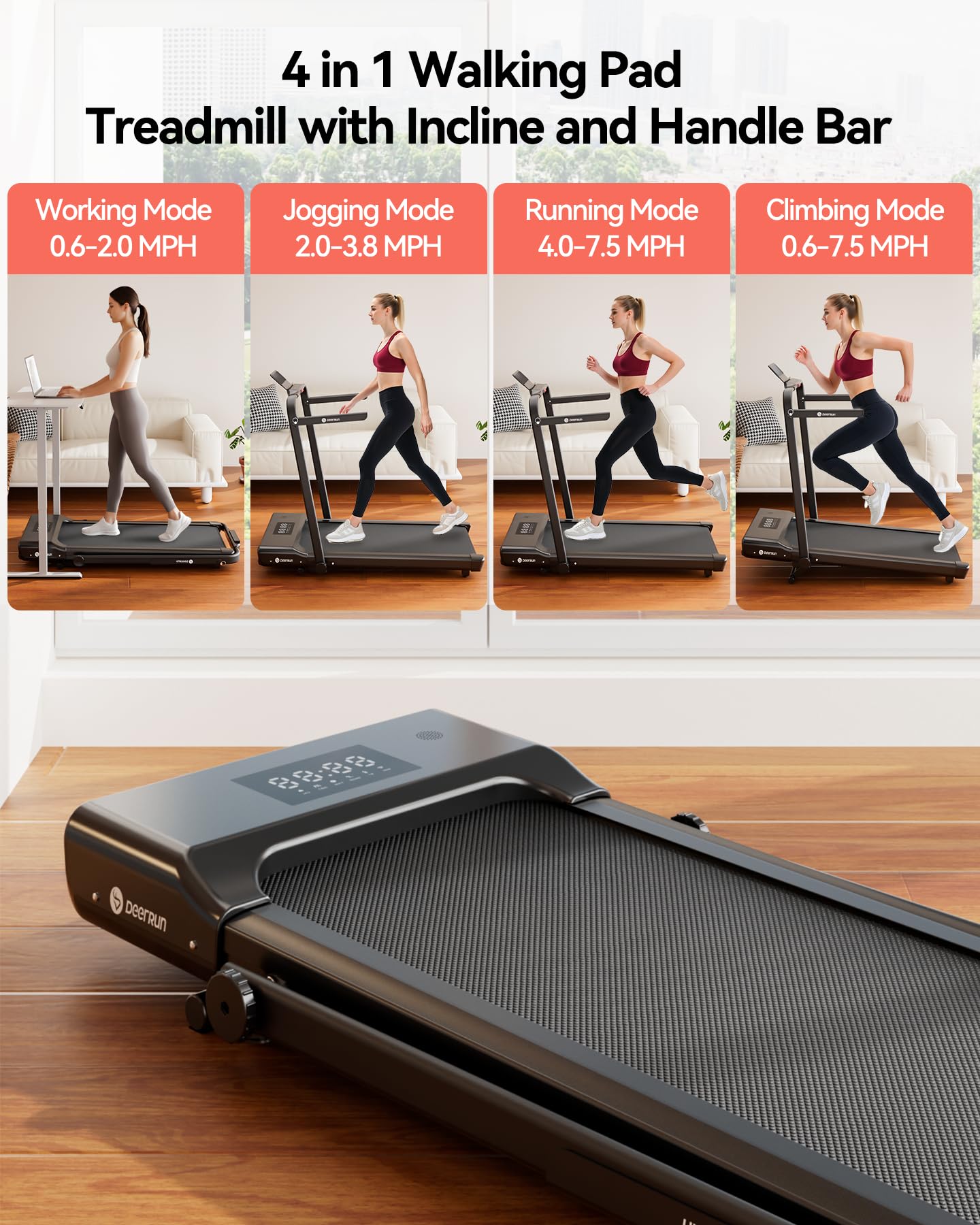 DeerRun Walking Pad Treadmill with Incline and Handle Bar, 4-in-1 Foldable Under Desk Treadmills for Home Small or Office, 300 lbs Capacity 3.0 HP Folding Portable Walking Pad with APP