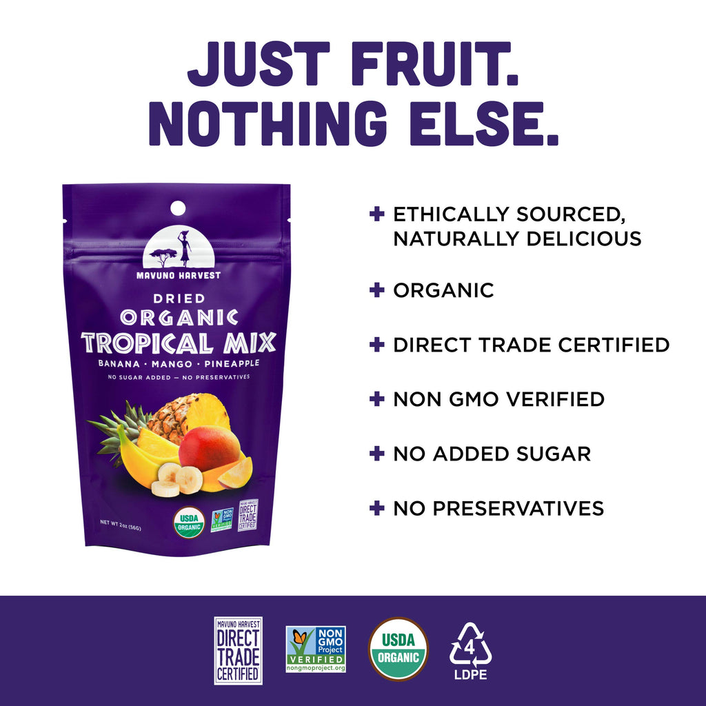 Mavuno Harvest Organic Dried Fruit Variety Pack | Dried Mango, Papaya, Pineapple, Banana, Jackfruit, & Tropical Mix | Healthy, Vegan, No Sugar Added, Non GMO Snacks for Kids & Adults | 2 Ounce, 6 Pack