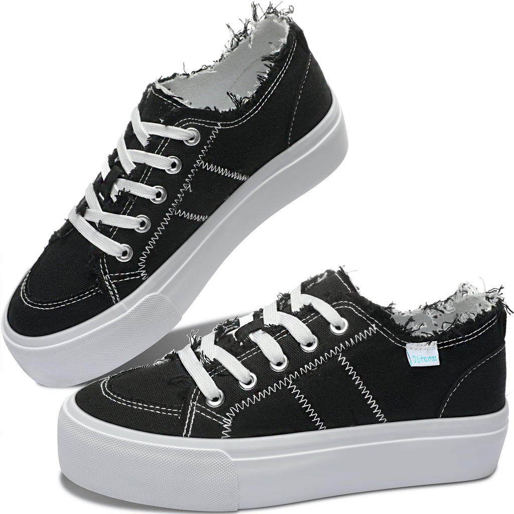 Obtaom Women Platform Canvas Sneakers White Comfort Play Fashion Sneakers Casual Lift Platform Lace Up Shoes Cute Low Top Walking Shoes for Lady