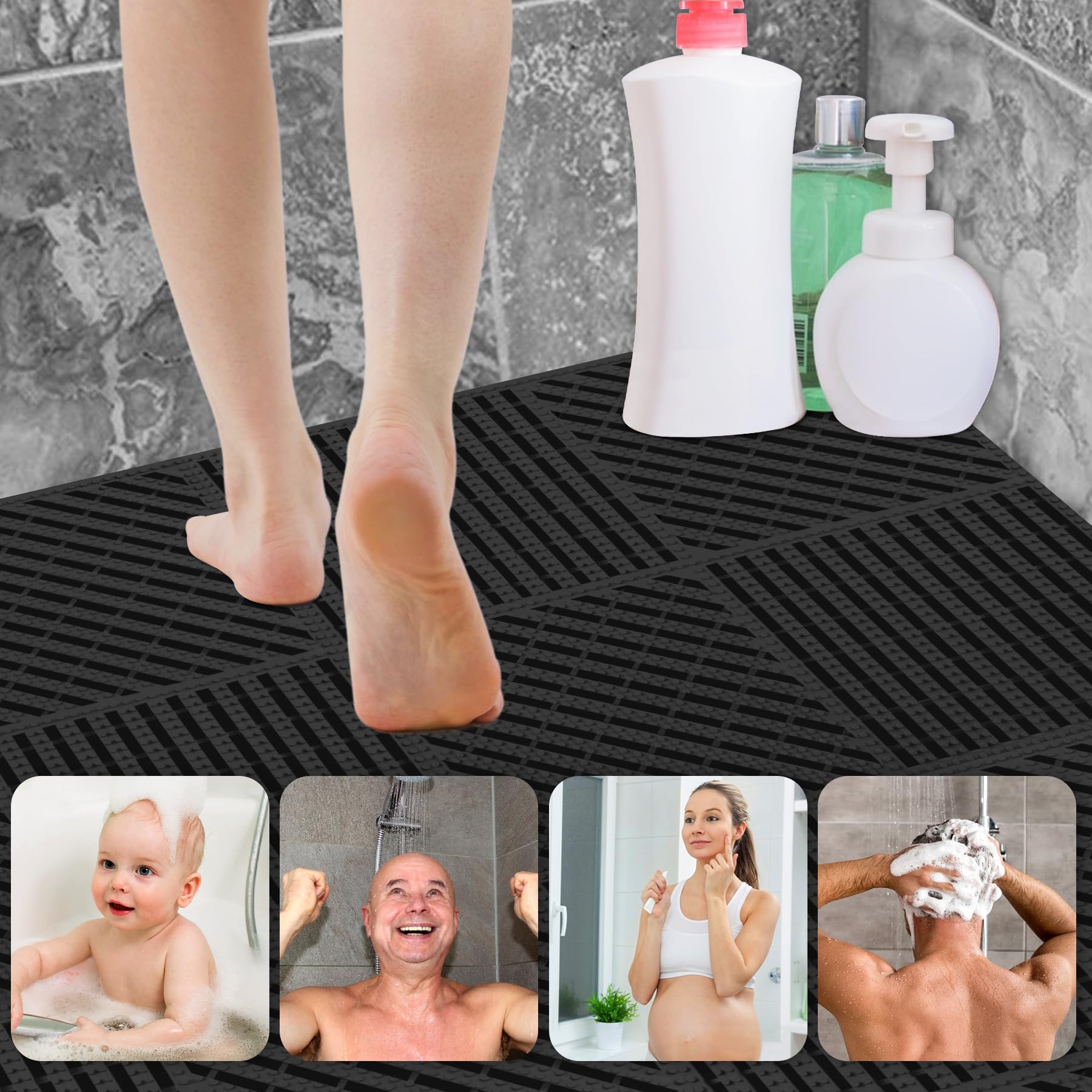 ToLanbbt Modular Interlocking Cushion 8P 11.8" x 11.8" Interlocking Rubber Floor Drain Holes Non-Slip Splicing Drainage Mats for Deck, Shower, Kitchen, Drain Pool, Sauna Bath, Indoor Outdoor (Black)