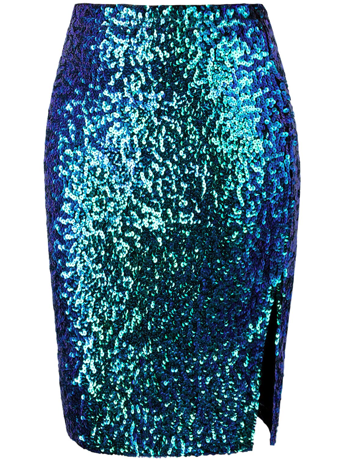 Vijiv Women's Sequin Skirt Midi High Waist Elegant Stretchy Sparkle Side Slit Pencil Skirt Party Cocktail