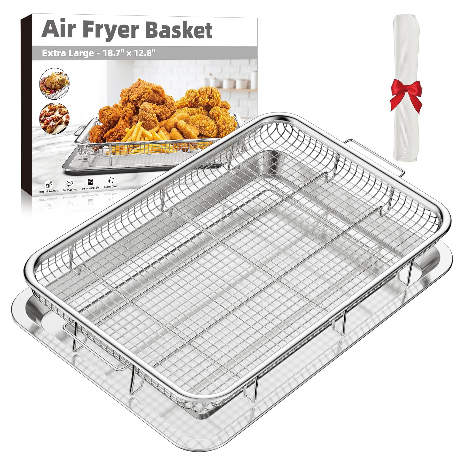 Air Fryer Basket for Oven, Large14.88"×10.98"Air Fryer Pans for Convection Oven with 30 Sheet Parchment Papers, THORSES Non-Stick Stainless Steel Air Fryer Basket and Tray for Multi Cooking - Black