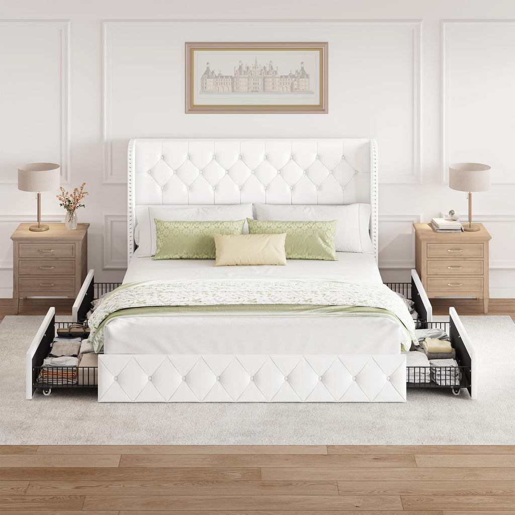 BRELTAM Full Size Bed Frame with Storage Drawers and Wingback Headboard Linen Upholstered Platform Bed Frame Tufted Beds with Heavy Duty Wood Slats, Noise Free, Easy Assembly, Beige