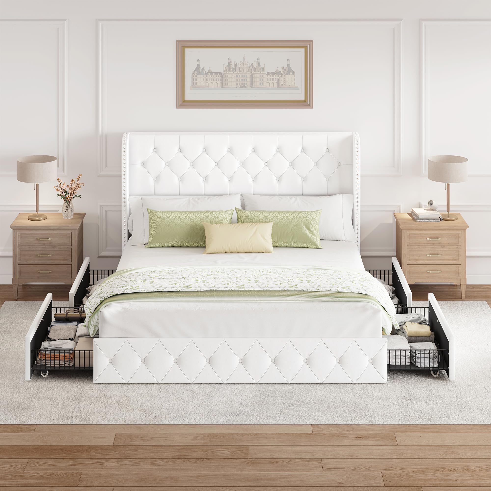 BRELTAM Full Size Bed Frame with Storage Drawers and Wingback Headboard Linen Upholstered Platform Bed Frame Tufted Beds with Heavy Duty Wood Slats, Noise Free, Easy Assembly, Beige