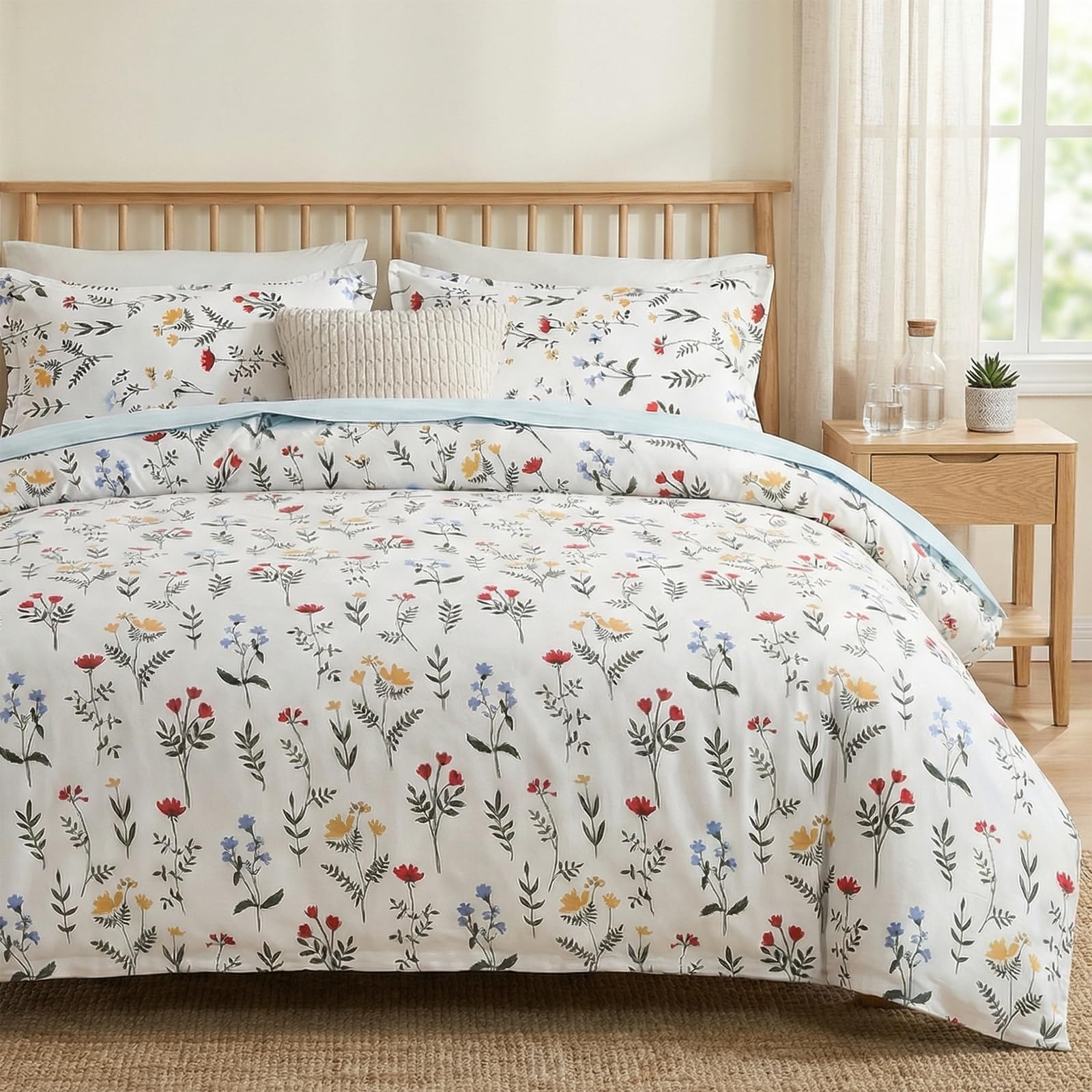 100% Natural Cotton Comforter Set Queen 3 Pcs Grayish Blue Bedding Sets with Luxurious Damask Pattern, Reversible Breathable Soft Comforter Sets for All Season