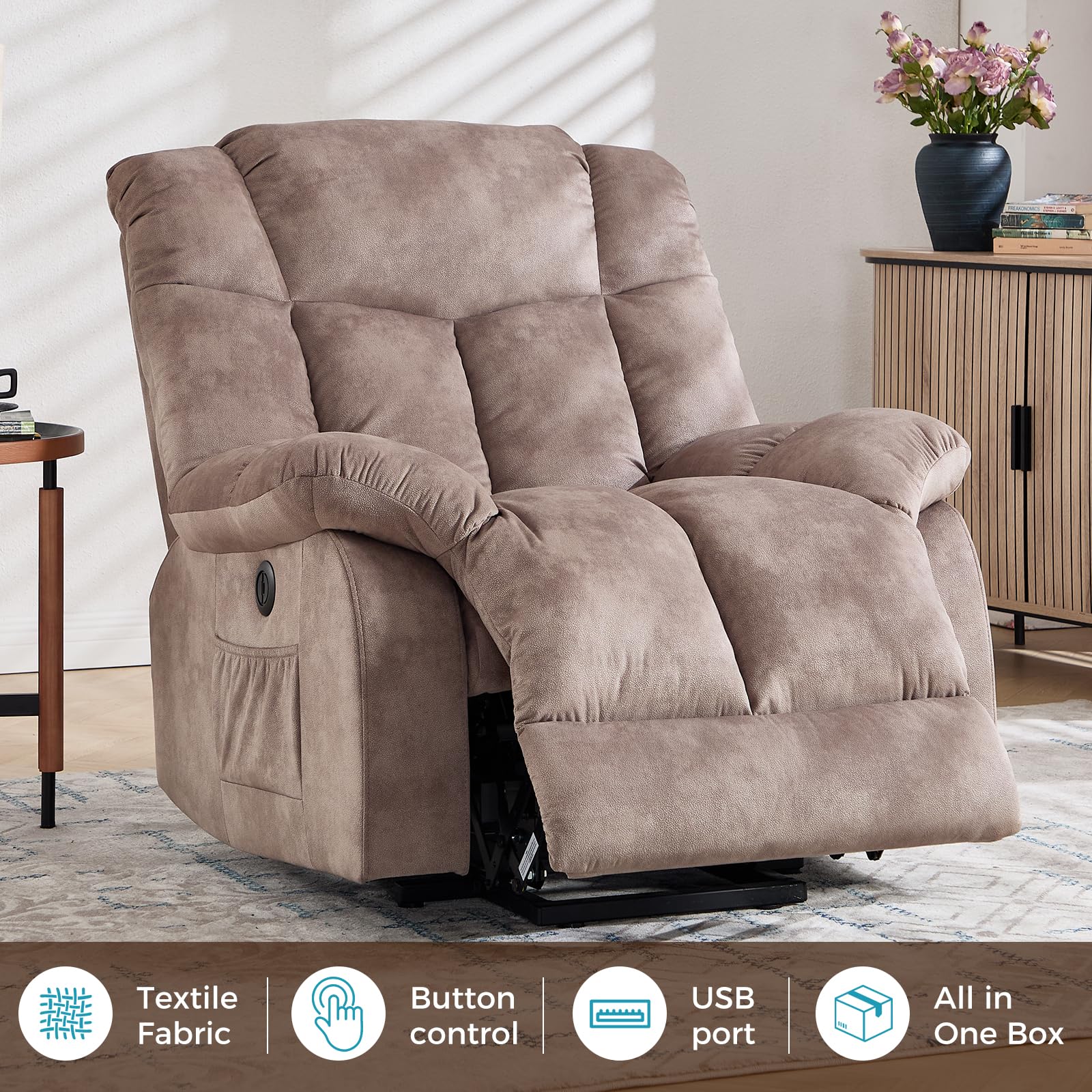 CANMOV Dual Motor Power Lift Recliner Chair for Elderly, 27" Extra-Wide Seat 450 lbs Weight Capacity Infinite Position Adjustment, with Heated Massage, Cup Holders and USB Port, Camel Fabric