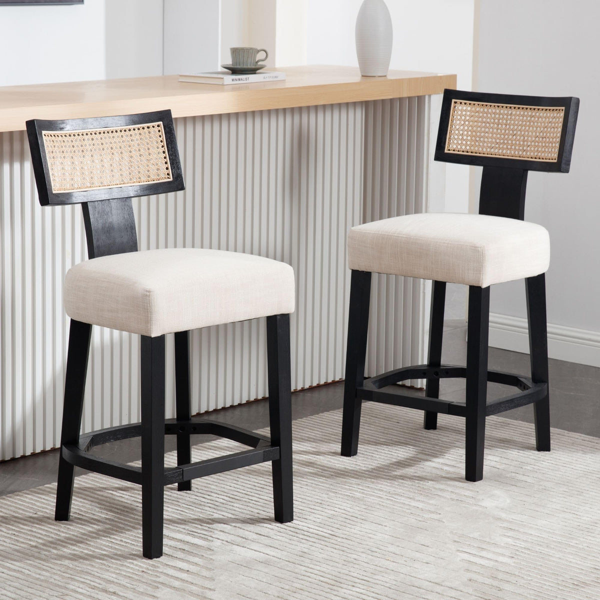 Farmhouse 30'' Extra Tall Bar Stools Set of 2 Modern Counter Height Barstools with Backs Rustic Wood Bar Stools Linen Upholstered Counter Chairs Kitchen Island Stool Chairs with Wood Frame, Beige