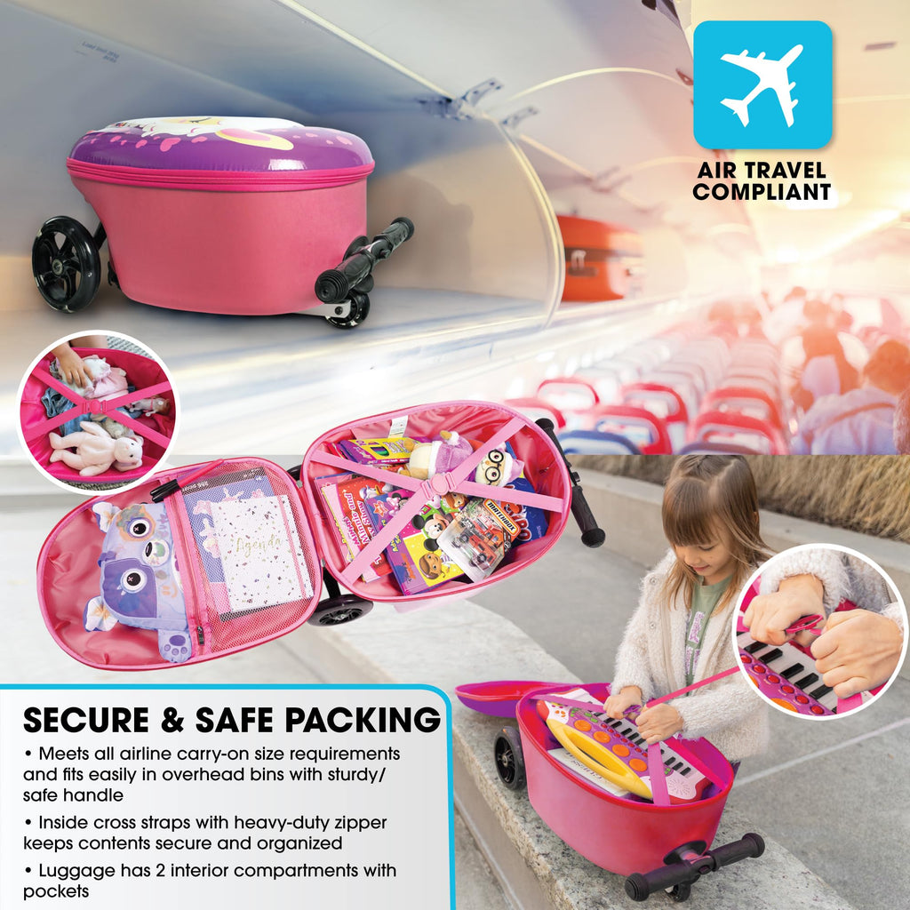 KIDDIETOTES Ride-On Scooter Suitcase for Kids – Hardside Lightweight Carry-On Luggage with Foldable Scooter, LED Wheels, Travel Fun for Toddlers & Children