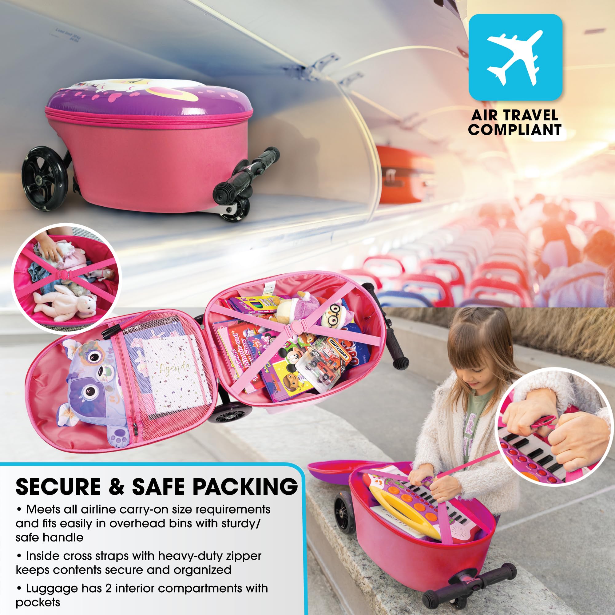 KIDDIETOTES Ride-On Scooter Suitcase for Kids – Hardside Lightweight Carry-On Luggage with Foldable Scooter, LED Wheels, Travel Fun for Toddlers & Children