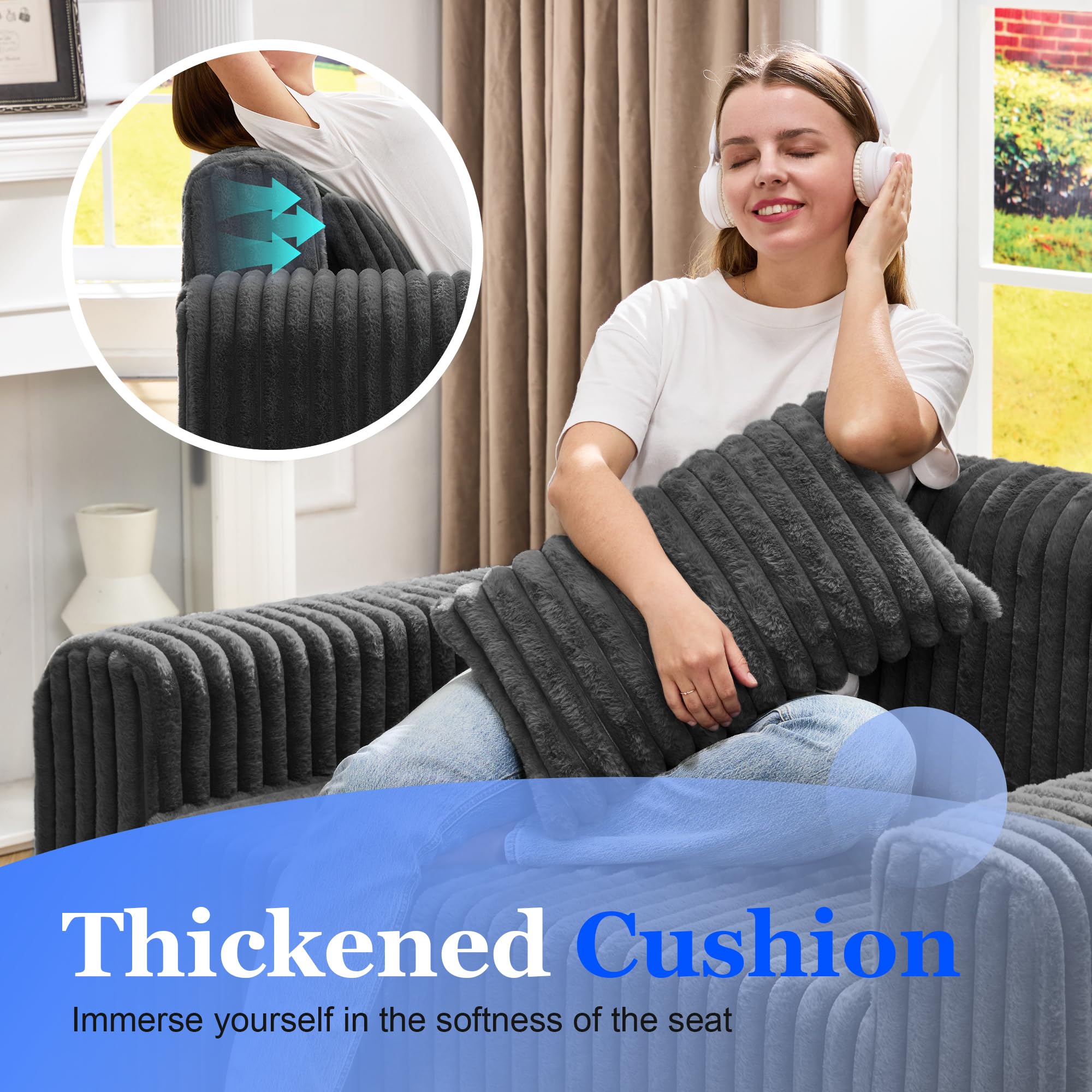 Hobestluk Single Sofa Foam Couch Sofa for Small Spaces Comfy Sofas with Removable Cover Furry Couch with Pillows for Living Room, Bedroom, Apartment, Office (Black, Standard)