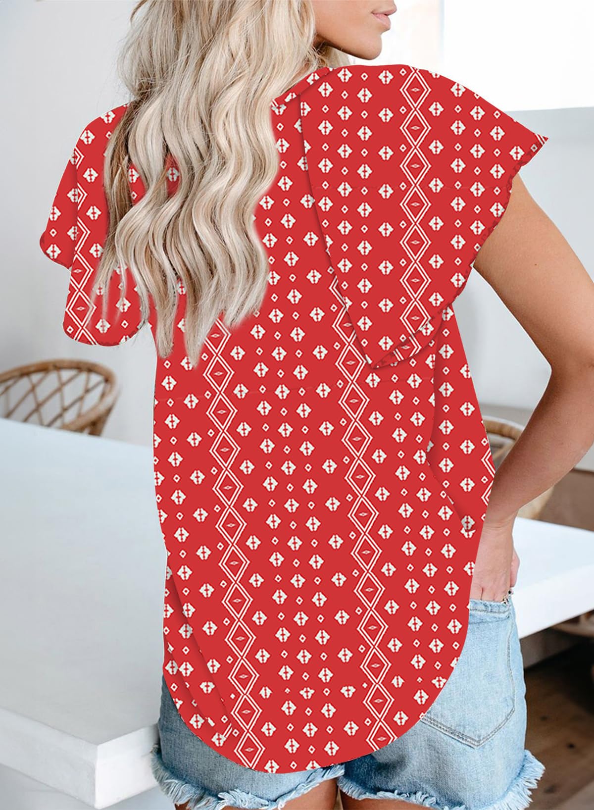 Biucly Women's Casual Boho Floral Print V Neck Long Sleeve Drawstring Tops Loose Blouses Button Down Shirts