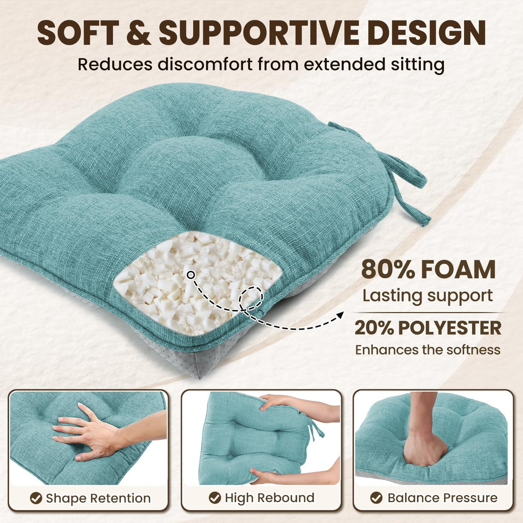 downluxe Indoor Chair Cushions for Dining Chairs, Tufted Overstuffed Textured Kitchen Chair Pads with Ties and Non-Slip Backing, 15.5" x 15.5" x 4", Aqua Blue, 4 Pack