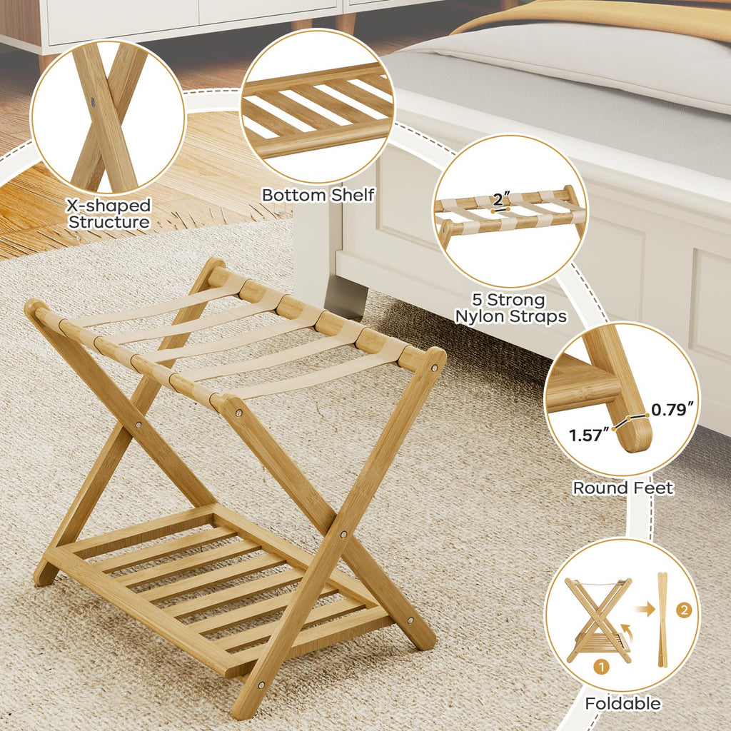 oakvivo Fully Assembled Black Luggage Rack for Guest Room, Bamboo Foldable Suitcase Stand with 5 Nylon Straps, Upgraded Luggage Rack Holder with Shelf for Bedroom Hotel, Holds up to 165 Lbs, 1pcs