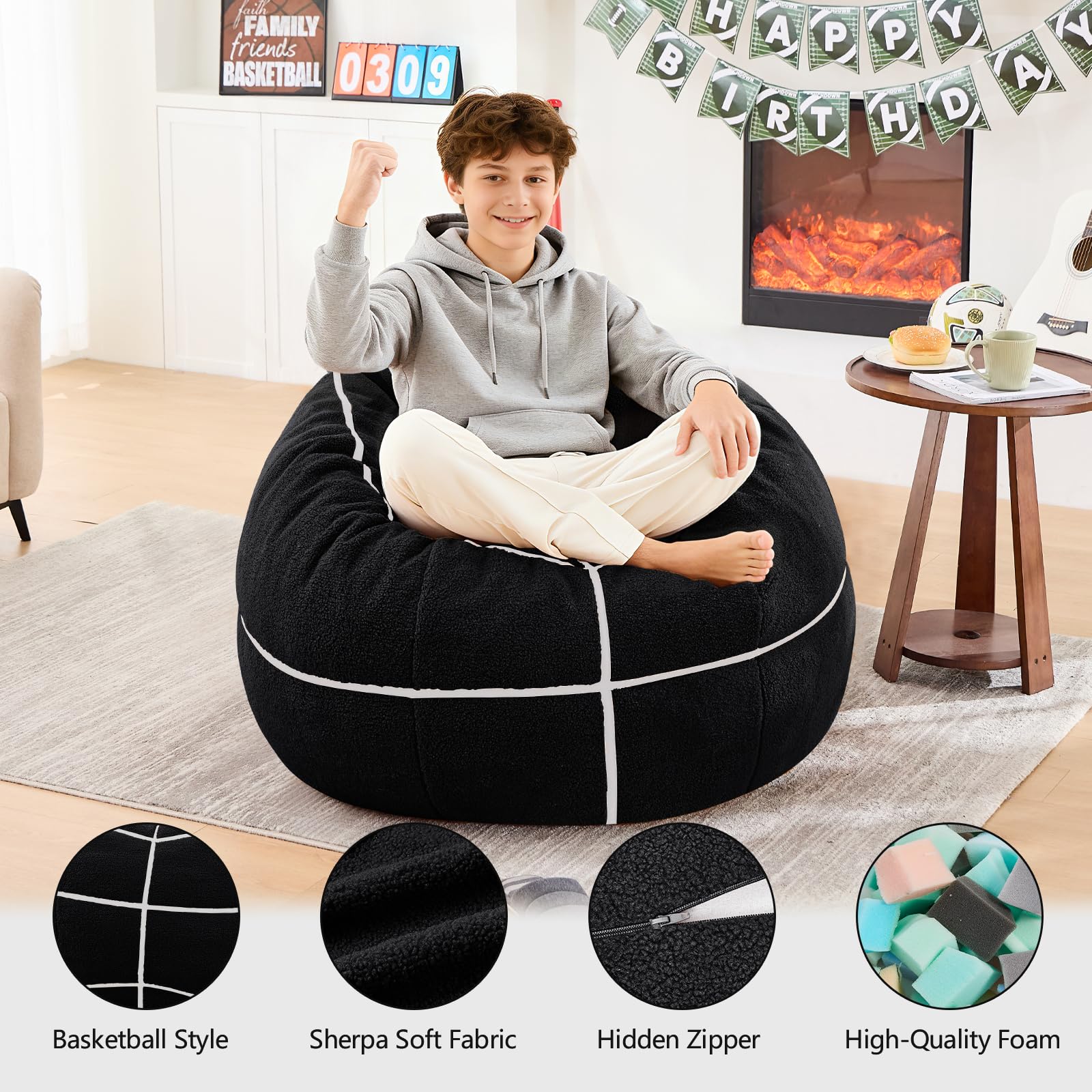 Sports Baseball Bean Bag Chair - Luxurious Bean Bag Chairs for Kids Teens Adults - Floor Sofa Couch with Filler - Plush BeanBag Furniture for Living Room Bedroom College Dorm - 32 Inch