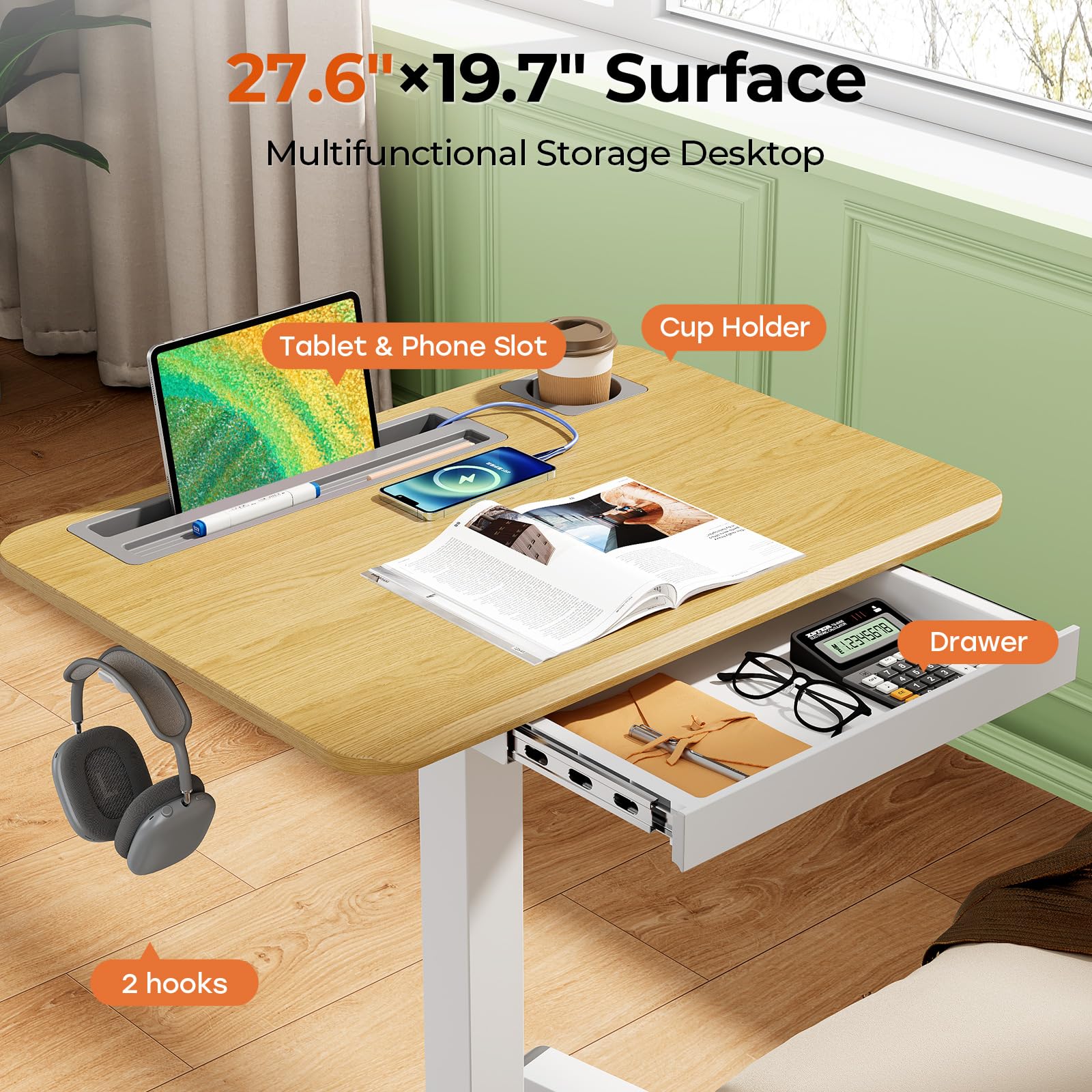 Small Mobile Standing Desk with Drawer, 23.6"x19.7" Rolling Laptop Cart on Wheels, Height Adjustable Sit Stand Computer Workstation with Storage for Compact Space, Black