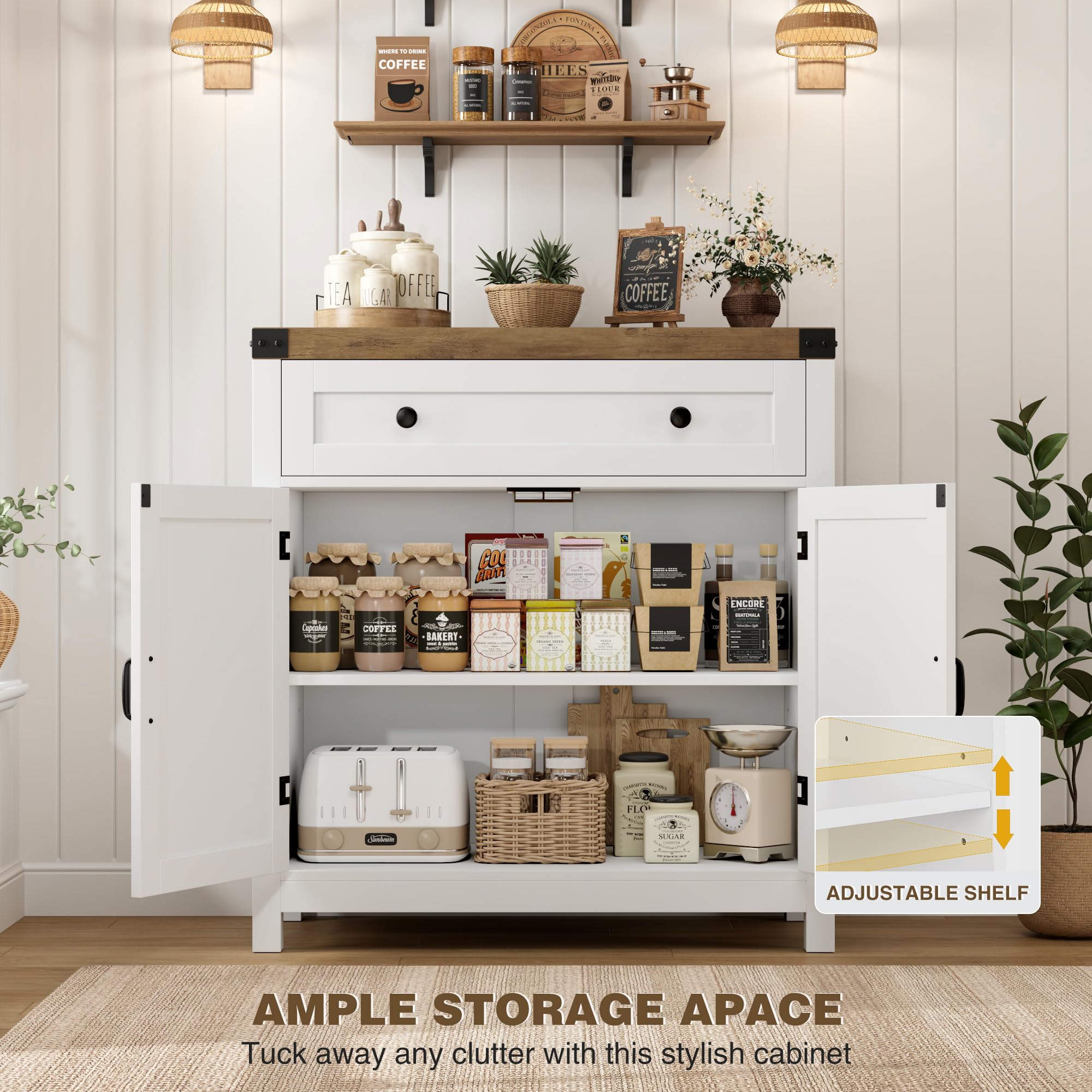 HOSTACK Coffee Bar Cabinet, Kitchen Storage Cabinet, Modern Farmhouse Buffet Sideboard with Drawer and Adjustable Shelf, Barn Door Accent Cabinets for Kitchen, Dining Room, Entryway, Ash Grey