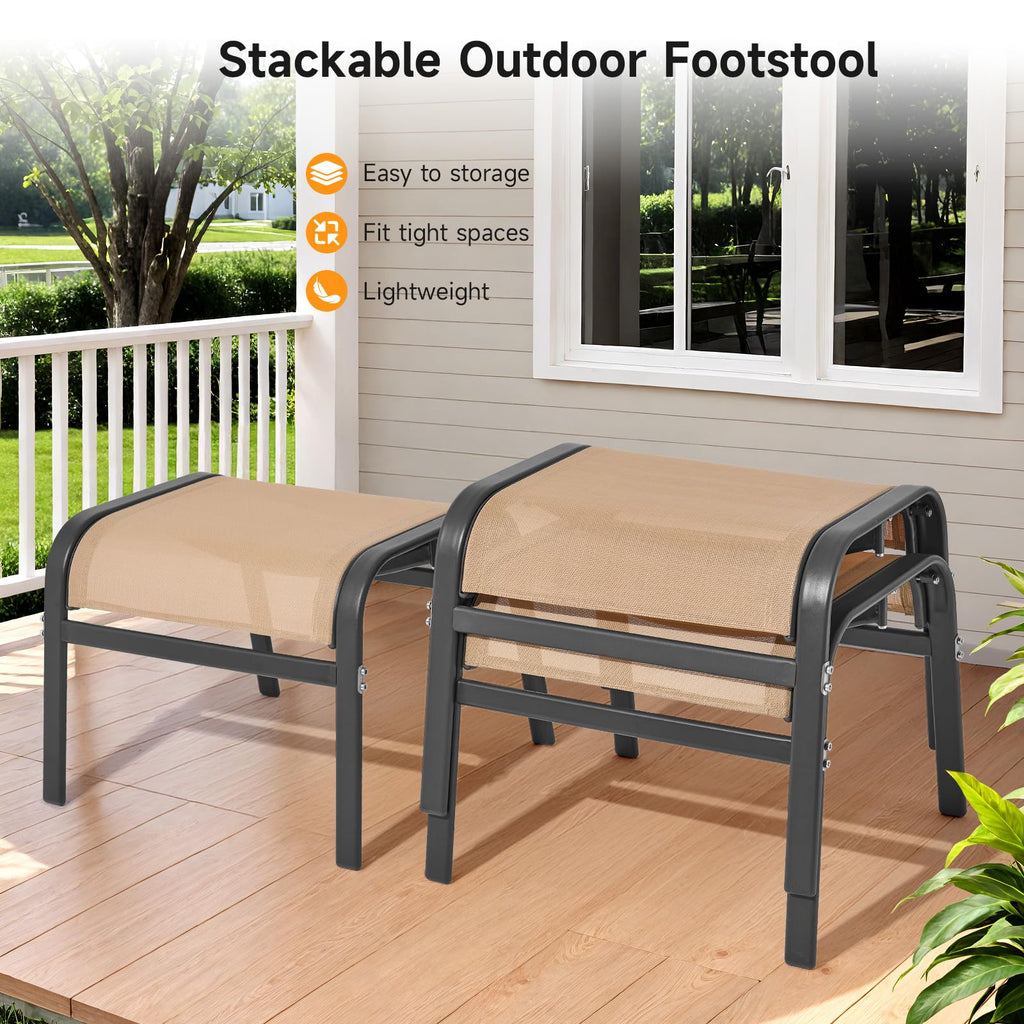ONBRILL Outdoor Ottoman Set of 2, All Weather Outdoor Foot Stool with Supportive Textliene and Metal Frame, Stackable Oversized Outdoor Foot Rest for Furniture Patio Garden Pool, Beige