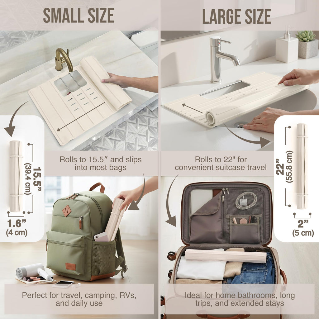 Maplefield Bathroom Sink Cover for Counter Space, Heat Resistant Silicone Sink Mat for Your Beauty Routine, Small Bathroom Space Saver Sink Cover for Makeup (Beige Large, 22" x 15" x 2" Inches)