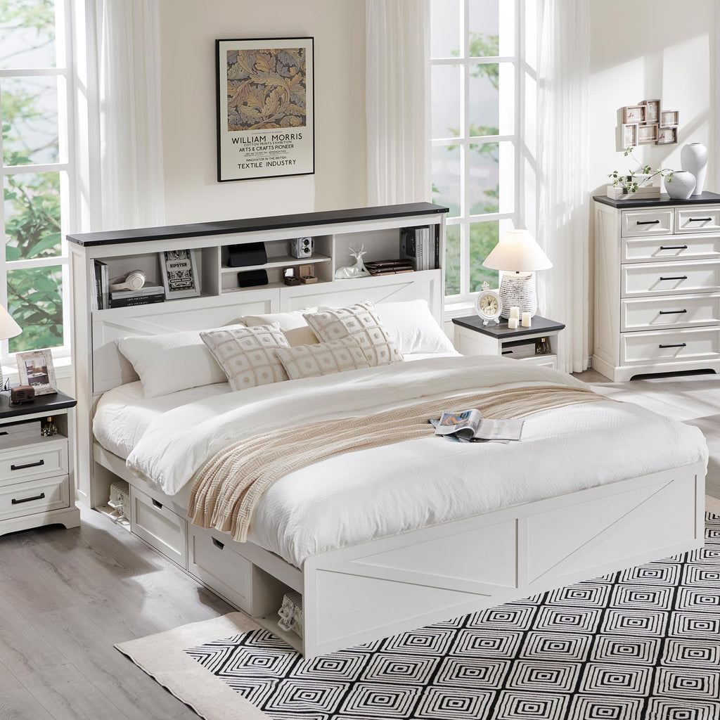 ACCOHOHO Queen Size Wood Bed Frame Farmhouse with 52" Tall Storage Bookcase Headboard, LED Light,Charging Station,4 Drawers and Solid Wood Slats Support,Noiseless,No Box Spring Needed - Black