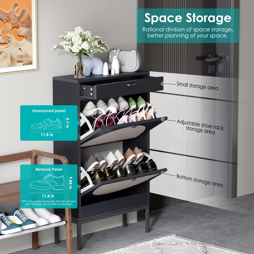 Yechen Shoe Rack Storage Organizer with 2 Natural Semi-Circular Rattan Doors, Entryway Wooden Shoe Cabinet for Sneakers, Leather Shoes, Heels, Slippers (Black)