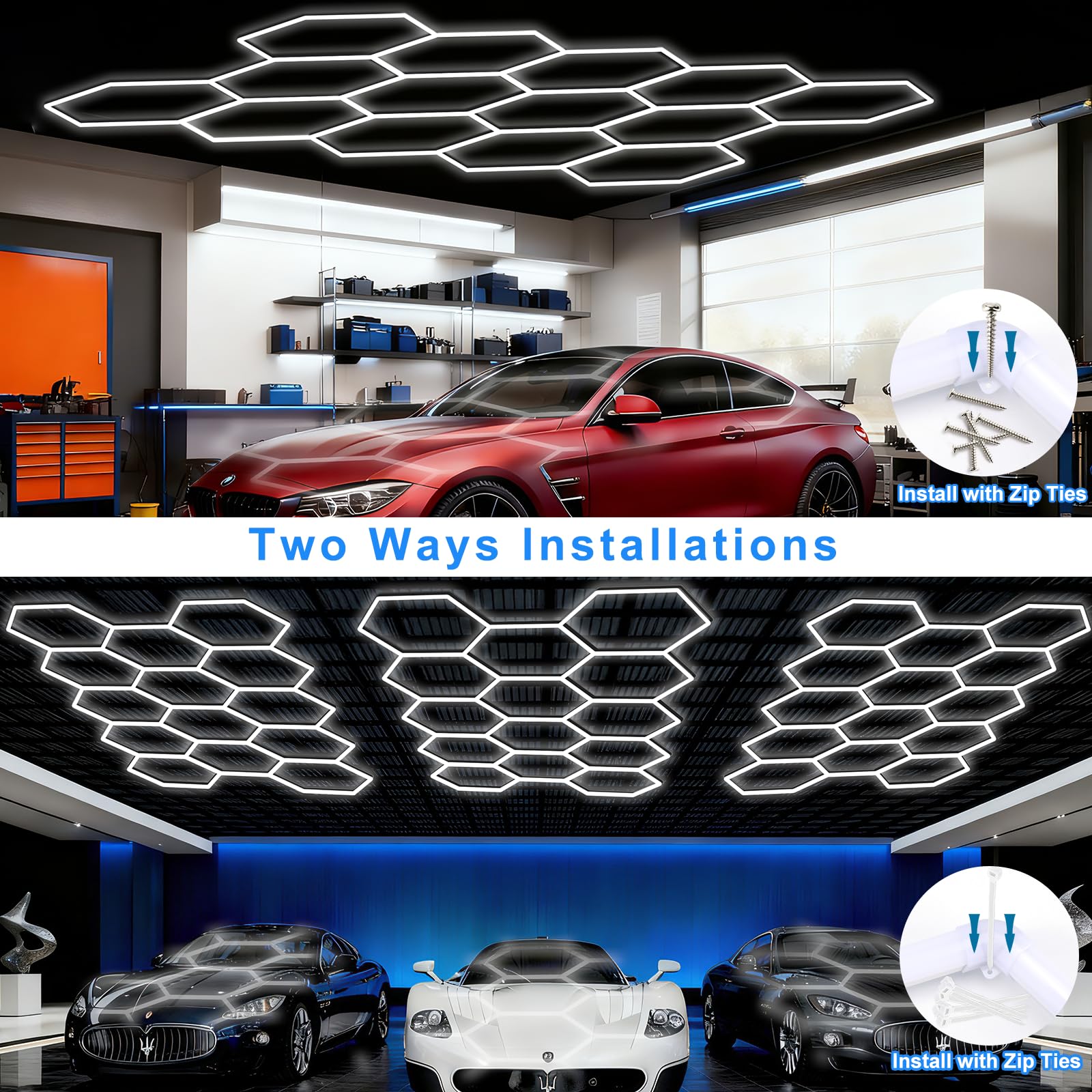 LZHOME LED Hexagon Garage Light: 12700LM Car Detailing Shop Light, DIY Splicing Ceiling & Wall Decor Lights, for Workshop Basement Gym Warehouse Bar Gaming Room
