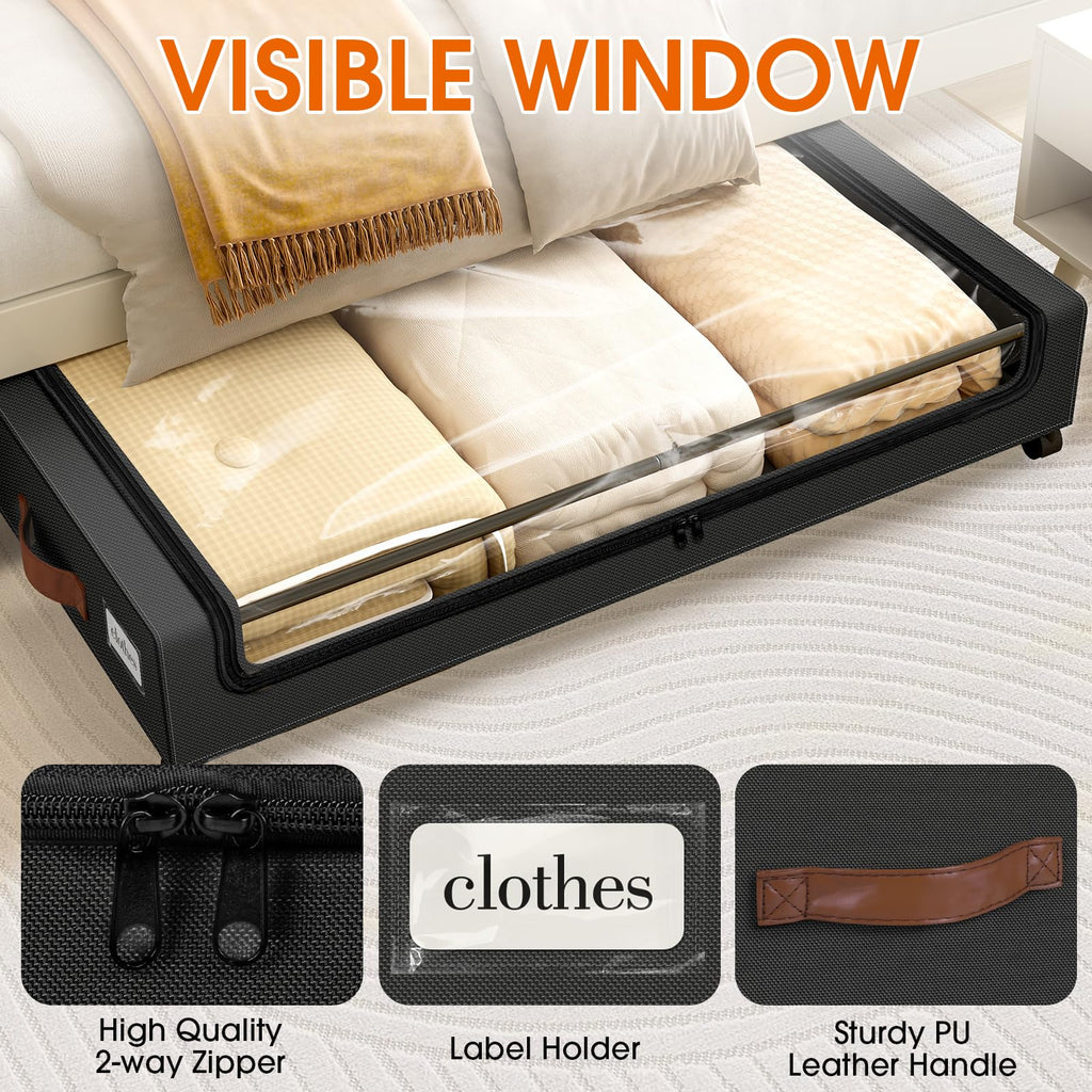 SpaceHacks Under Bed Storage with Wheels 1Pack Underbed Storage with Clear Window&Label Under Bed Drawers Large Capacity Rolling Under Bed Storage for Clothes,Shoes, Blankets (Beige)