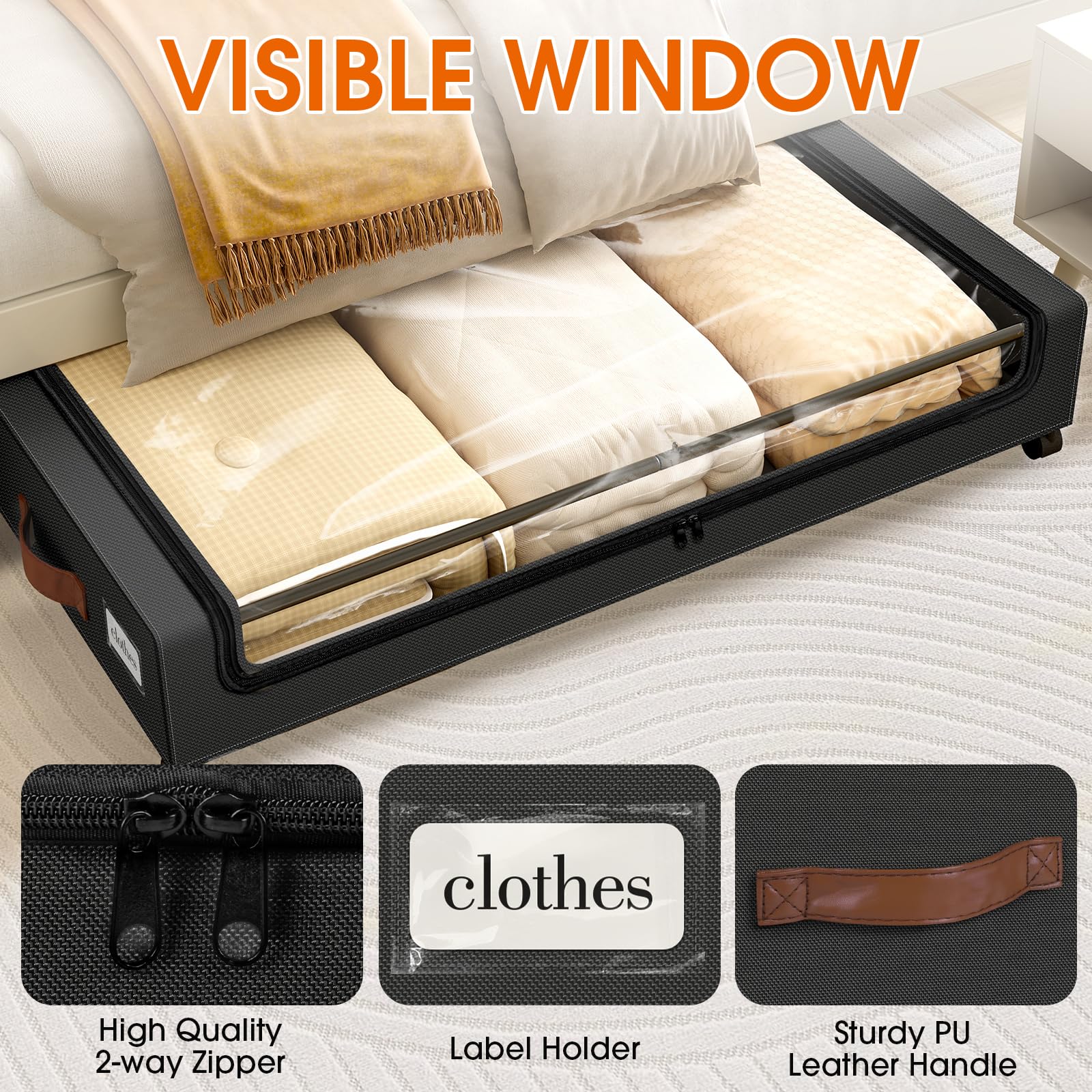 SpaceHacks Under Bed Storage with Wheels 1Pack Underbed Storage with Clear Window&Label Under Bed Drawers Large Capacity Rolling Under Bed Storage for Clothes,Shoes, Blankets (Beige)