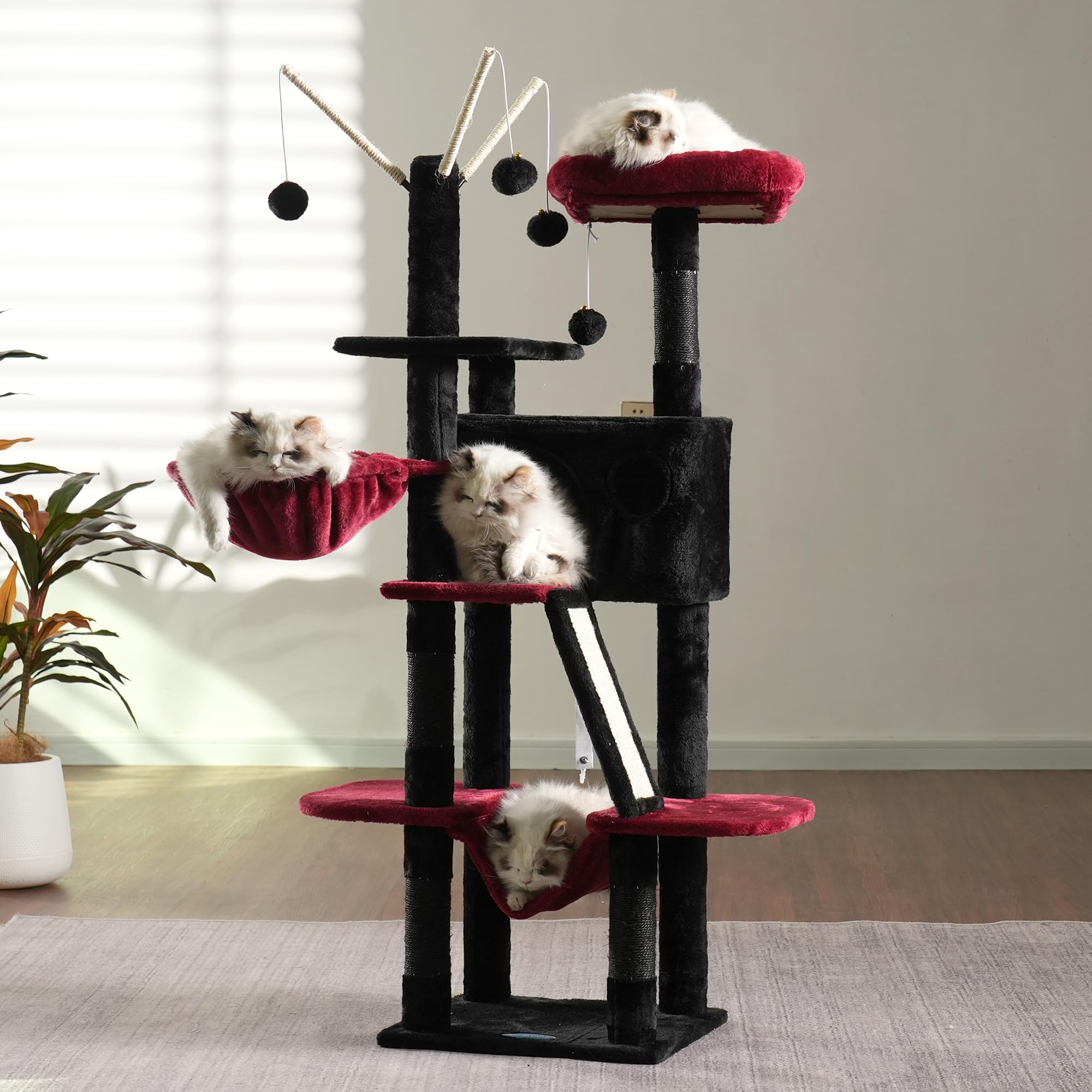 Hey-brother Cat Tree, 53 inch Cat Tower for Indoor Cats, Cat House with Padded Platform Bed, Toy Balls, Large Cozy Condo, Hammocks and Sisal Scratching Posts, Beige MPJ019-SM