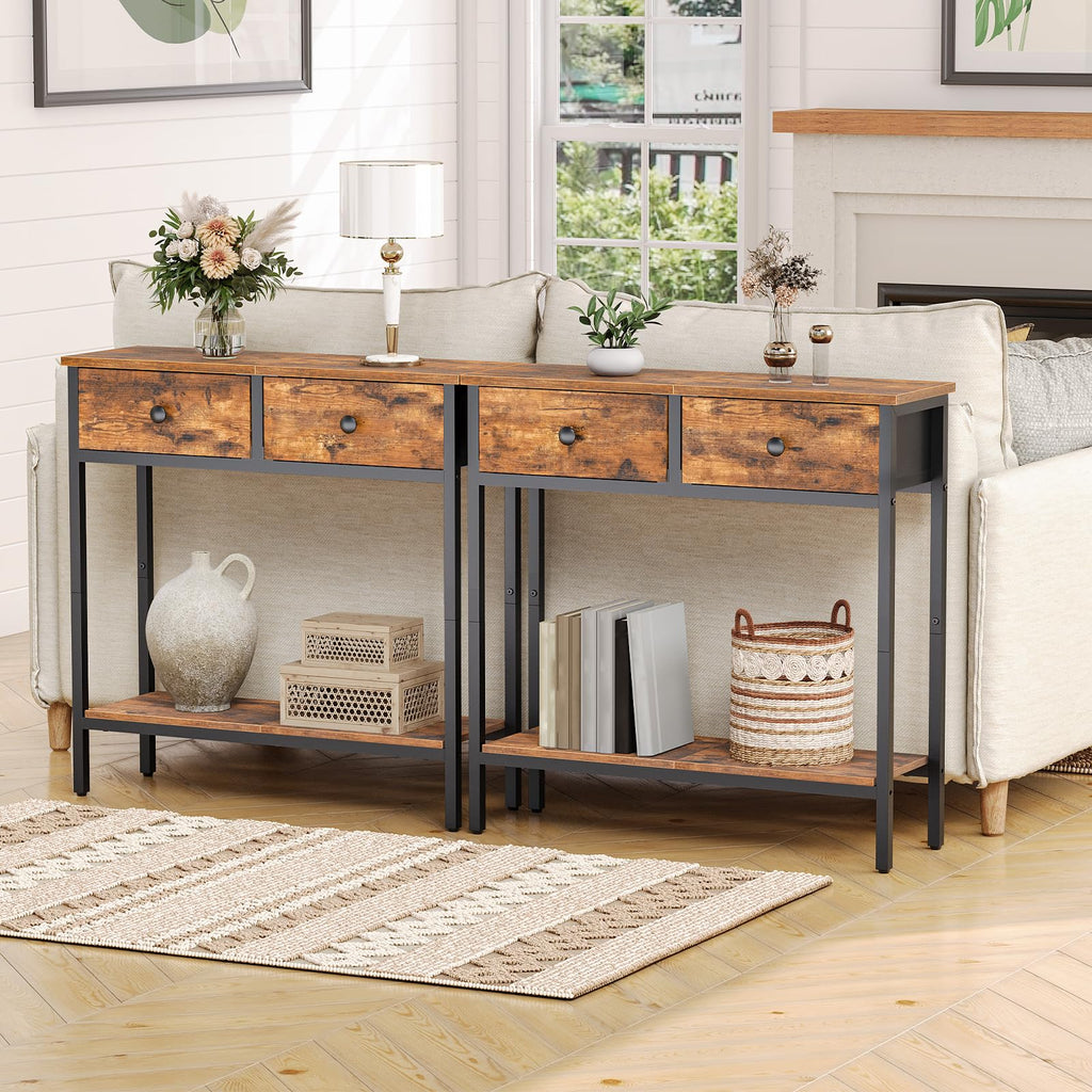 HOOBRO 29.5" Narrow Console Table with 2 Fabric Drawers, Small Entryway Table with 2-Tier Storage Shelves, Sofa Table, Behind Couch Table, for Living Room, Hallway, Black BB71XG01