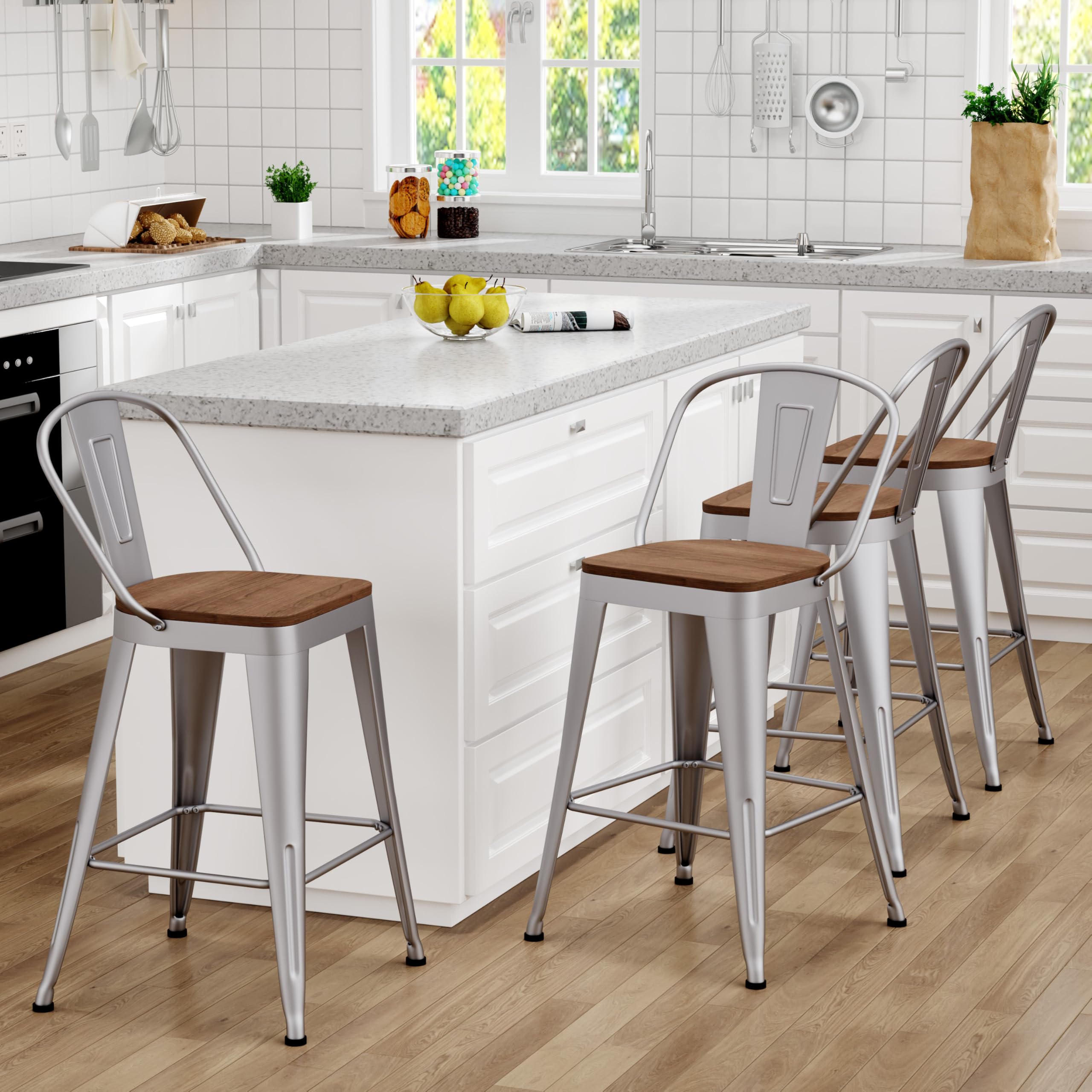 Barstools Set of 4 Counter Height Bar Stools for Kitchen Island Farmhouse Metal High Back Bar Chairs Wooden Seat 24" Matte Black