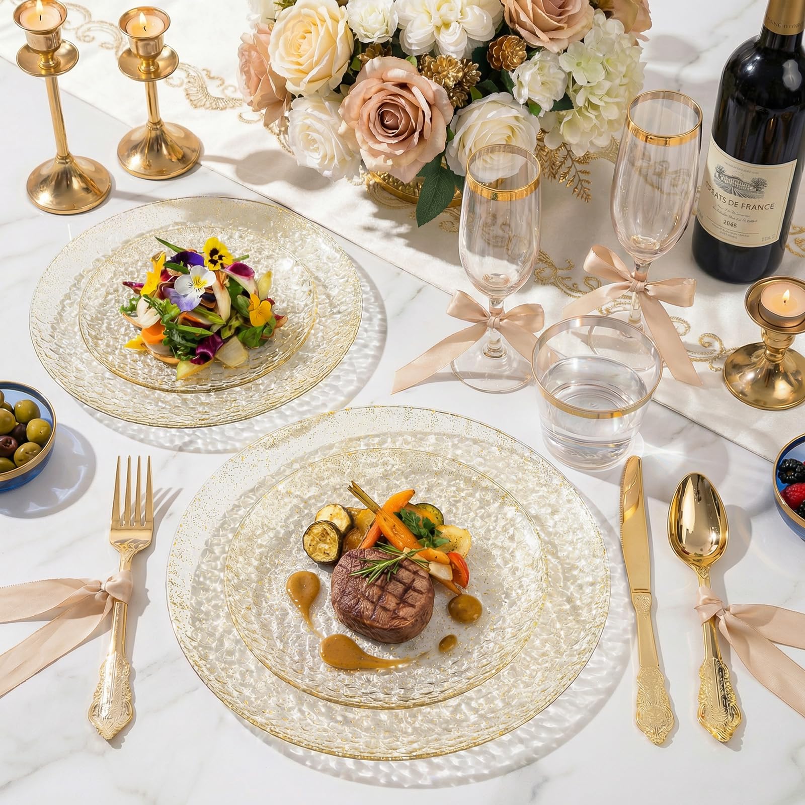 Rubtlamp 100Pcs Amber Gold Plastic Plates, Disposable Plates With Gold Rim, Heavy-duty Party Platos, Hammered Plastic Plates Include 50 Clear Dessert Plates, 50 Dinner Plates for Party