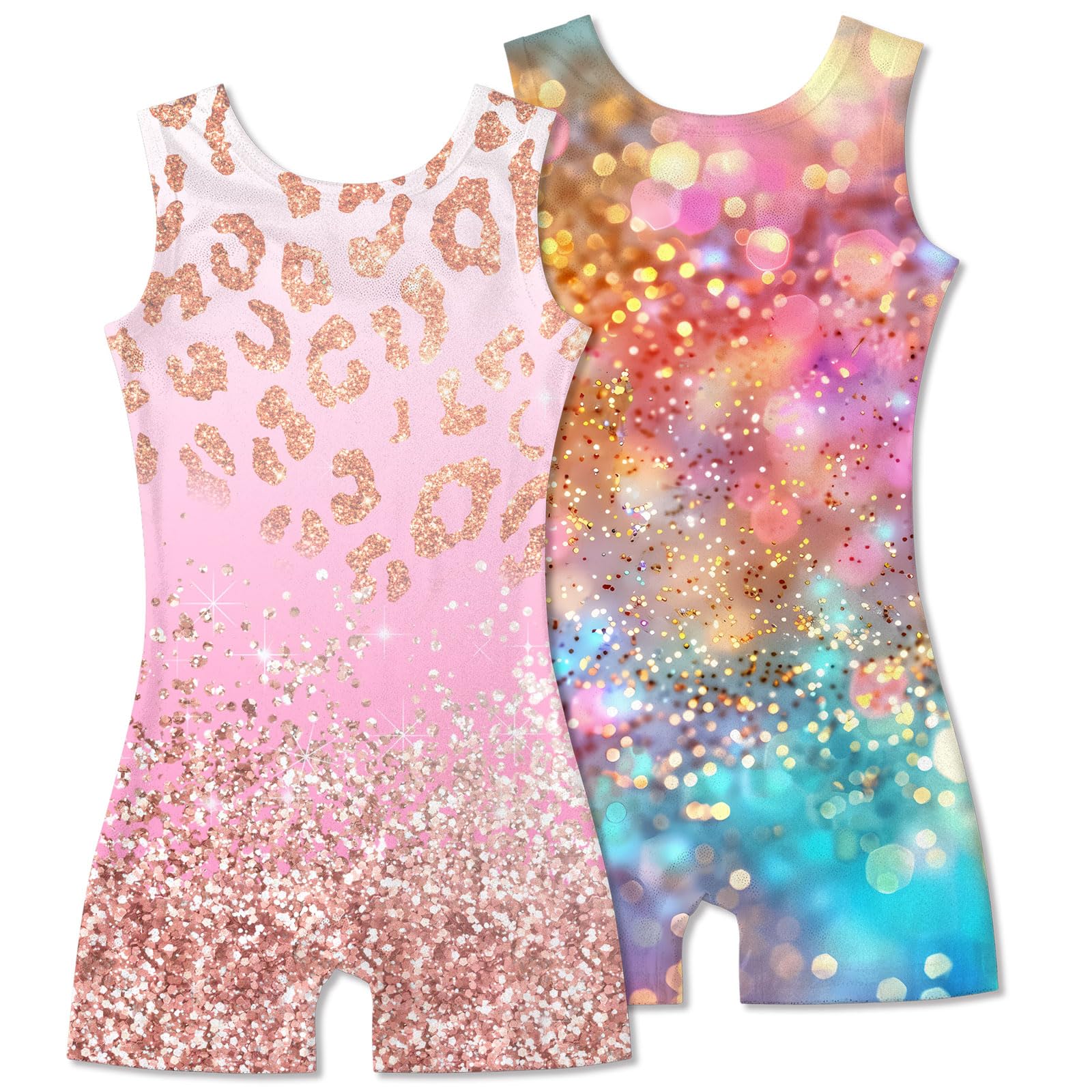2 Packs Gymnastics Leotards for Girls Mermaid Leopard Dance Leotard Kids Biketard with Shorts
