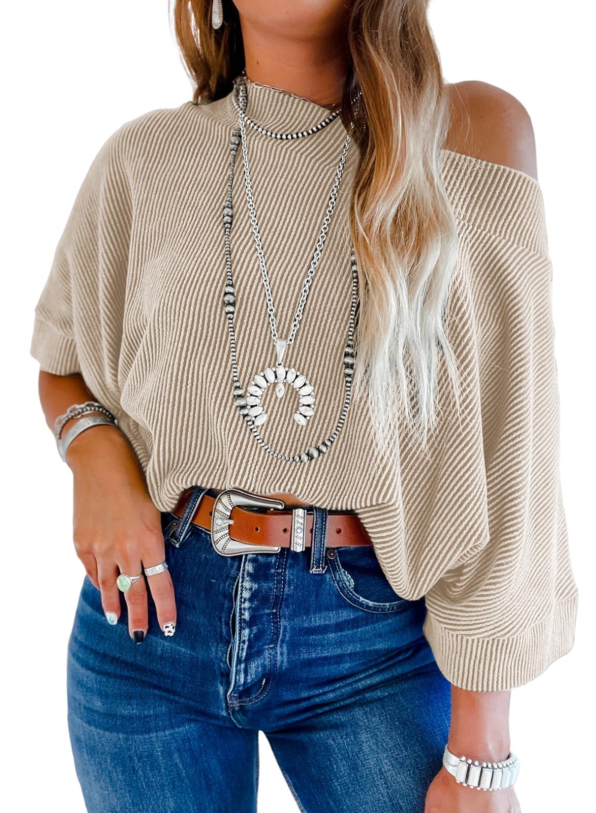 EVALESS Sexy Off The Shoulder Tops for Women 3/4 Length Sleeve Womens Tops Spring Summer 2026 Boat Neck One Shoulder Shirts