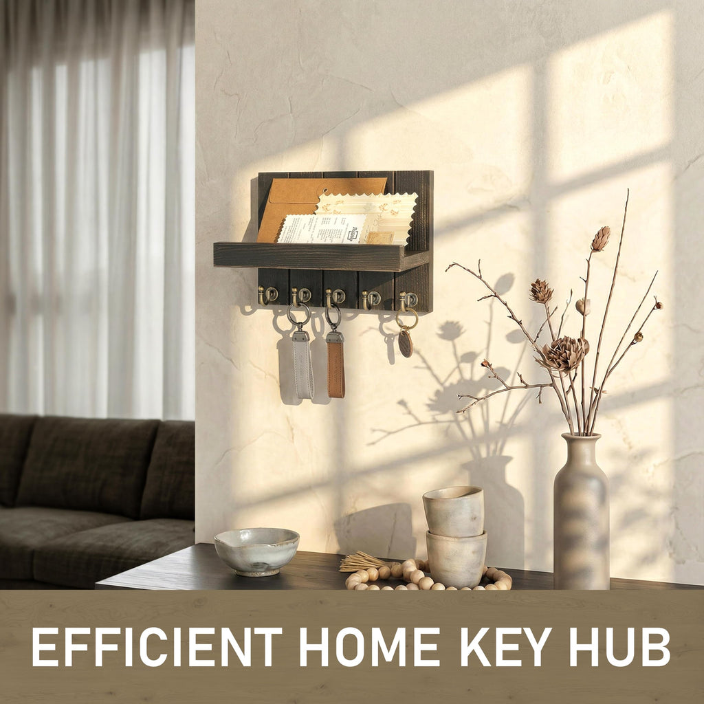 Rebee Vision Acacia Wood Key Holder Wall Mount – Farmhouse Key Holder for Wall & Mail Organizer with Shelf for Home Decor – Ideal for Apartment Essentials (Acacia Wood, 3.54" x 10" x 7.28")