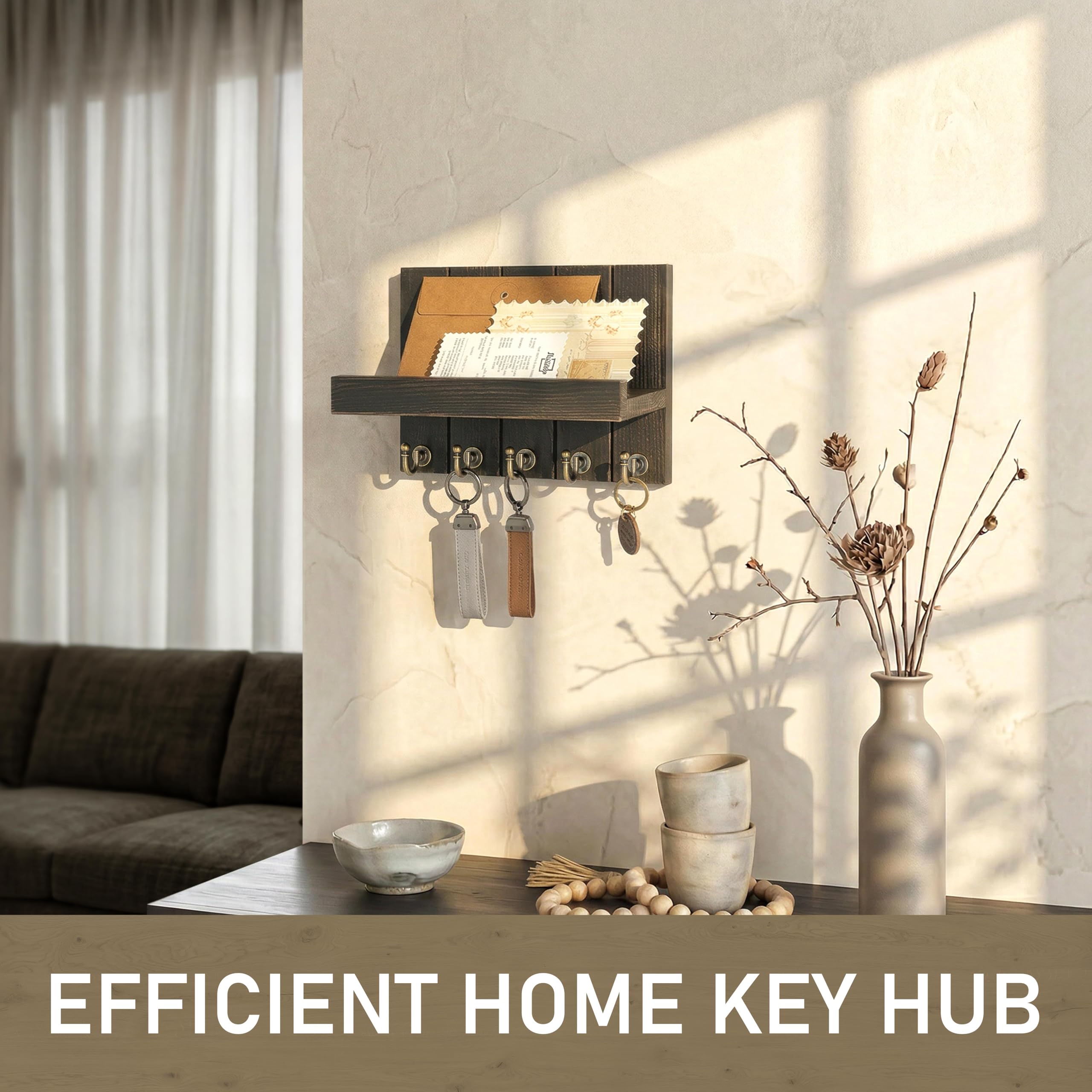 Rebee Vision Acacia Wood Key Holder Wall Mount – Farmhouse Key Holder for Wall & Mail Organizer with Shelf for Home Decor – Ideal for Apartment Essentials (Acacia Wood, 3.54" x 10" x 7.28")