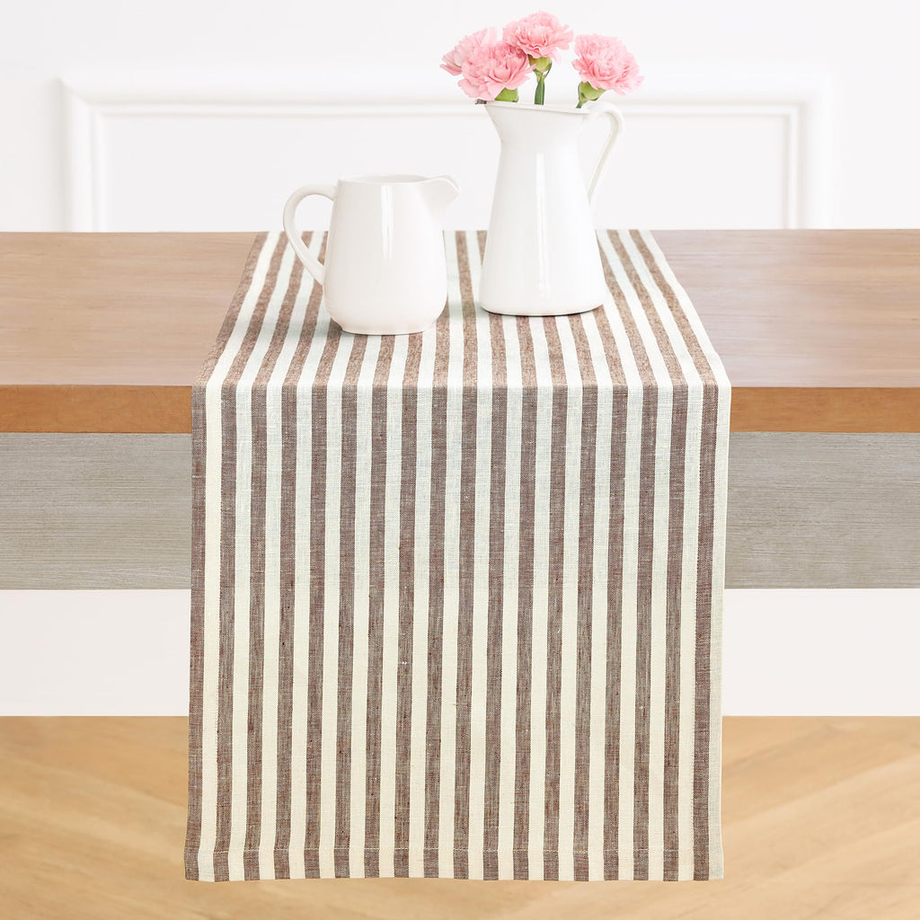 Solino Home Linen Table Runner 36 Inches - Amalfi Stripe 100% Pure Linen Natural and White Table Runner 14 x 36 Inch Ideal for Dresser and Coffee Tables - Summer