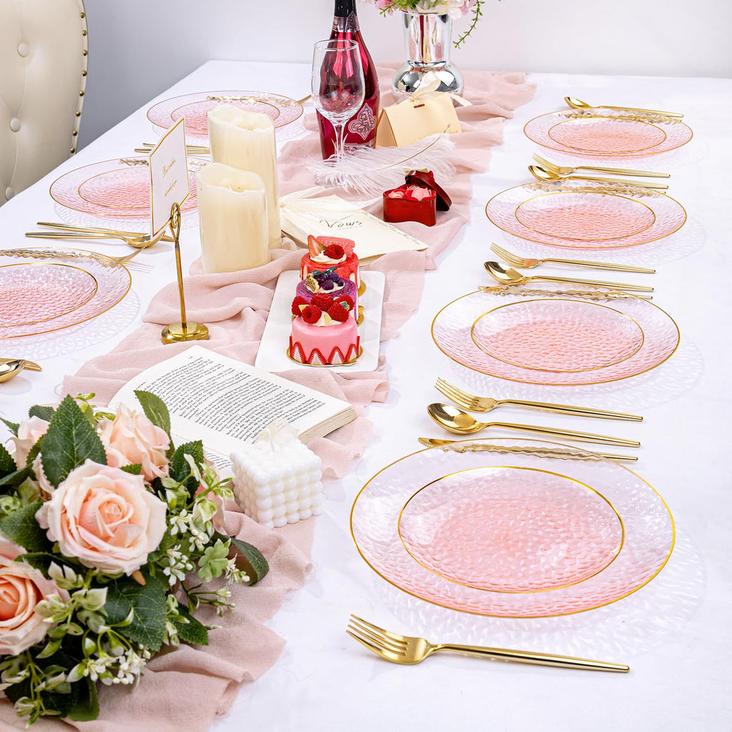 Rubtlamp 100Pcs Amber Gold Plastic Plates, Disposable Plates With Gold Rim, Heavy-duty Party Platos, Hammered Plastic Plates Include 50 Clear Dessert Plates, 50 Dinner Plates for Party