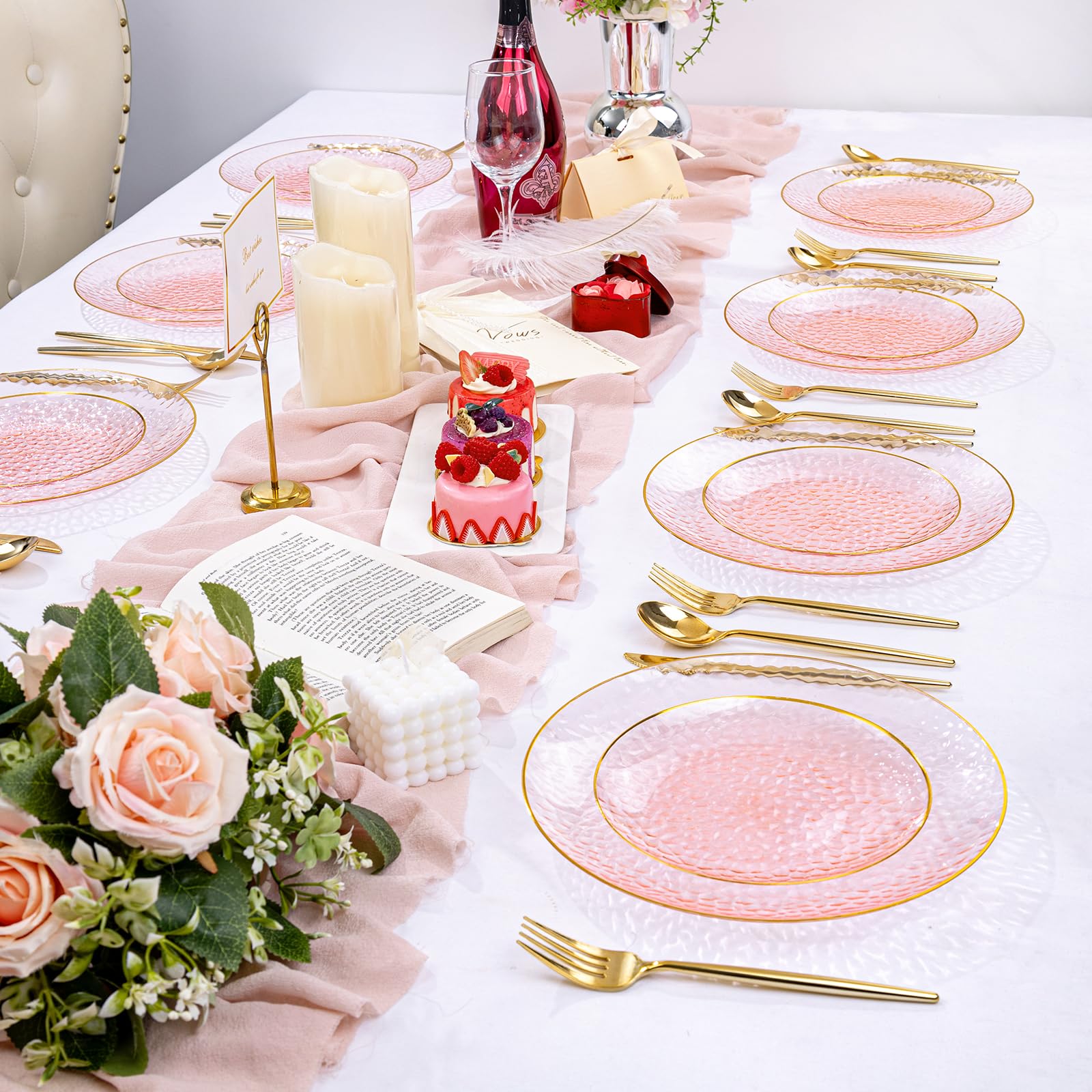 Rubtlamp 100Pcs Amber Gold Plastic Plates, Disposable Plates With Gold Rim, Heavy-duty Party Platos, Hammered Plastic Plates Include 50 Clear Dessert Plates, 50 Dinner Plates for Party