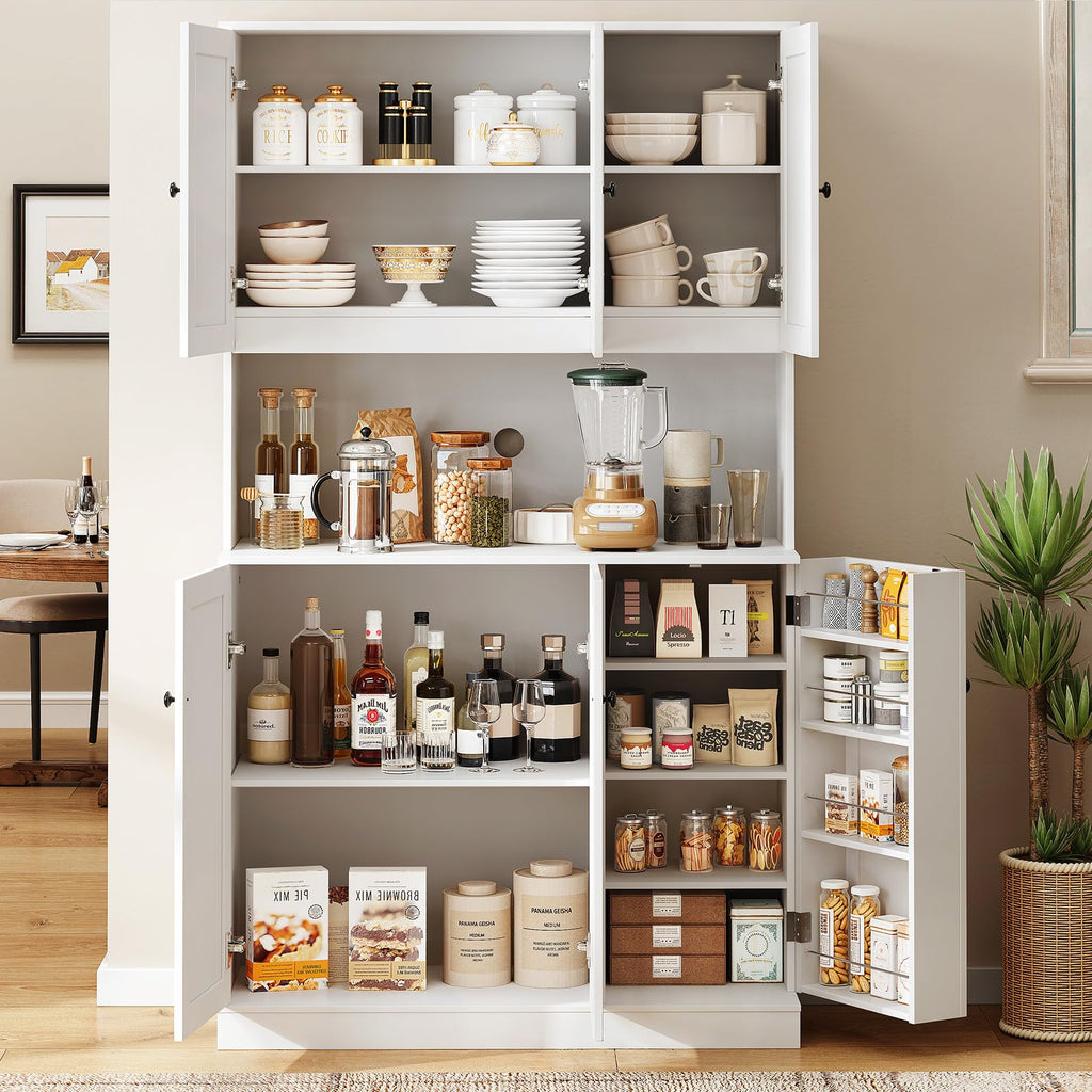 ONBRILL 71" Tall Kitchen Pantry Storage Cabinet with Microwave Stand & Door Shelf, Freestanding Kitchen Hutch with 6 Doors and Adjustable Shelves, Modern Food Pantry for Dining Room, Black