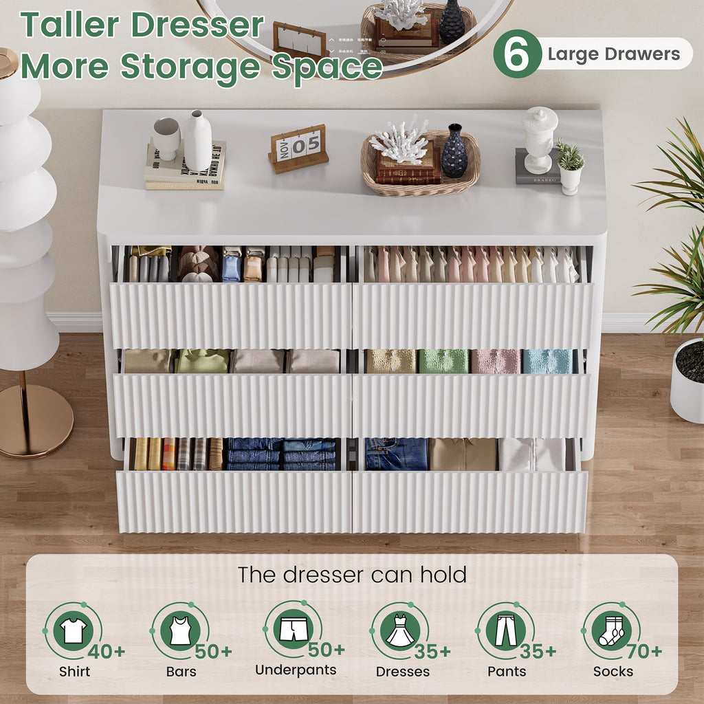 Standifurno Black 56" Tall Dresser for Bedroom, Fluted Modern 6 Drawers Deep Dressers, Wood Chest of Drawers with Handleless, Curved Profil Storage Closet Dressers for Bedroom, Living Room, Hallway