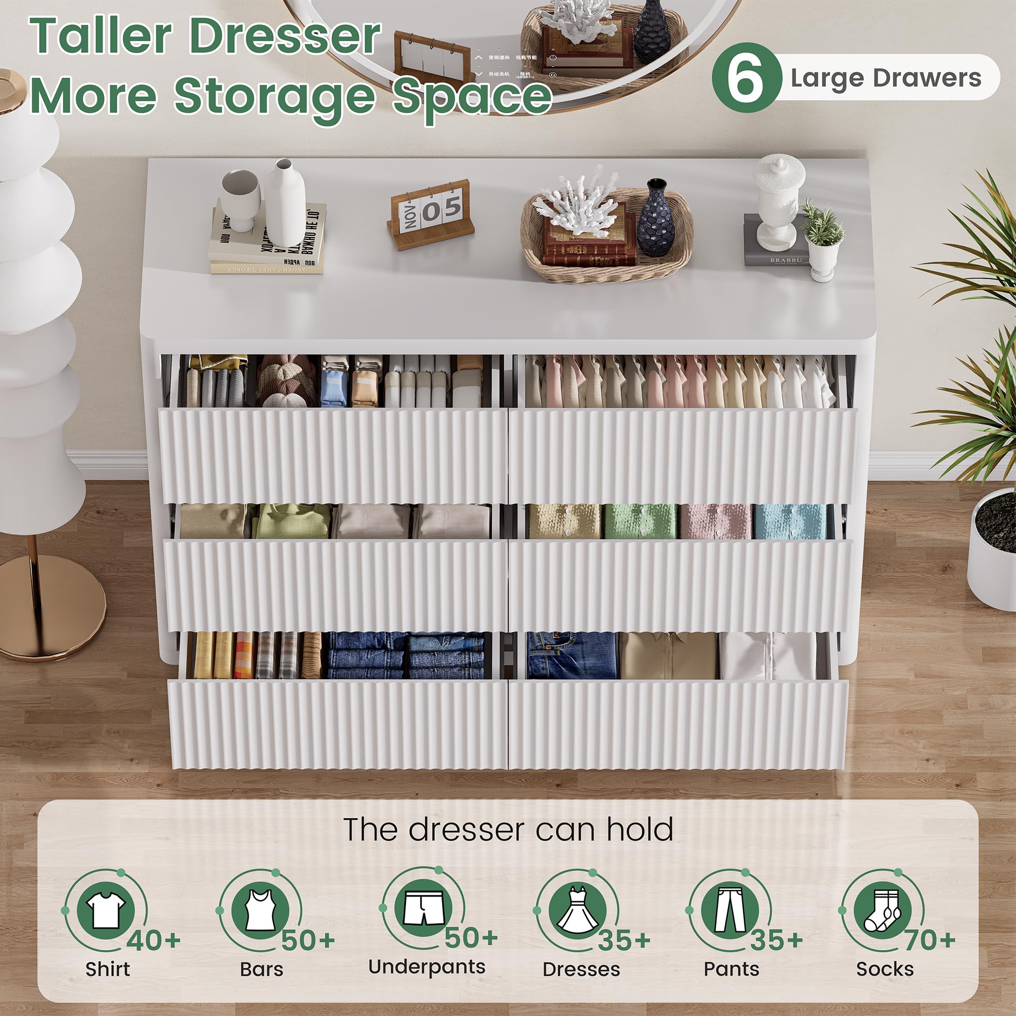 Standifurno Black 56" Tall Dresser for Bedroom, Fluted Modern 6 Drawers Deep Dressers, Wood Chest of Drawers with Handleless, Curved Profil Storage Closet Dressers for Bedroom, Living Room, Hallway