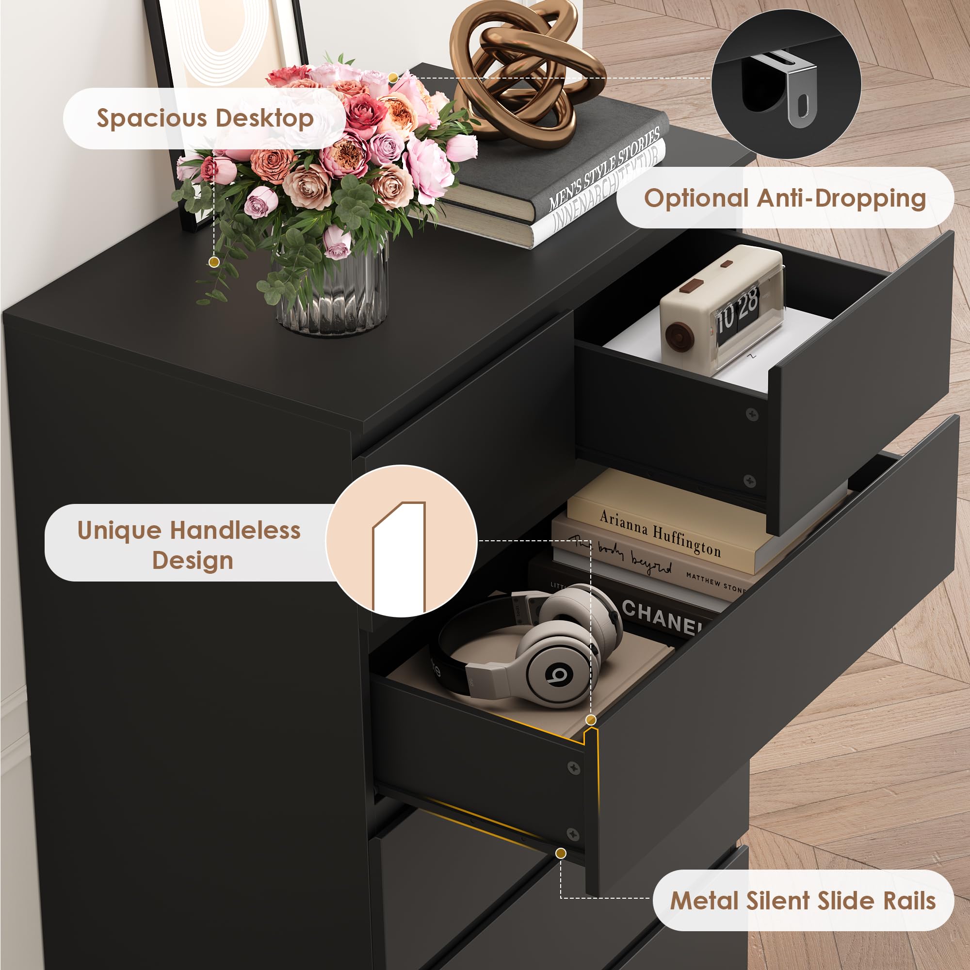 FOTOSOK 7 Drawer Dresser, Black Dresser Tall Dresser, 23.6W x 15.7D x 46.7H in Black Chest of Drawers with Large Storage Space for Home