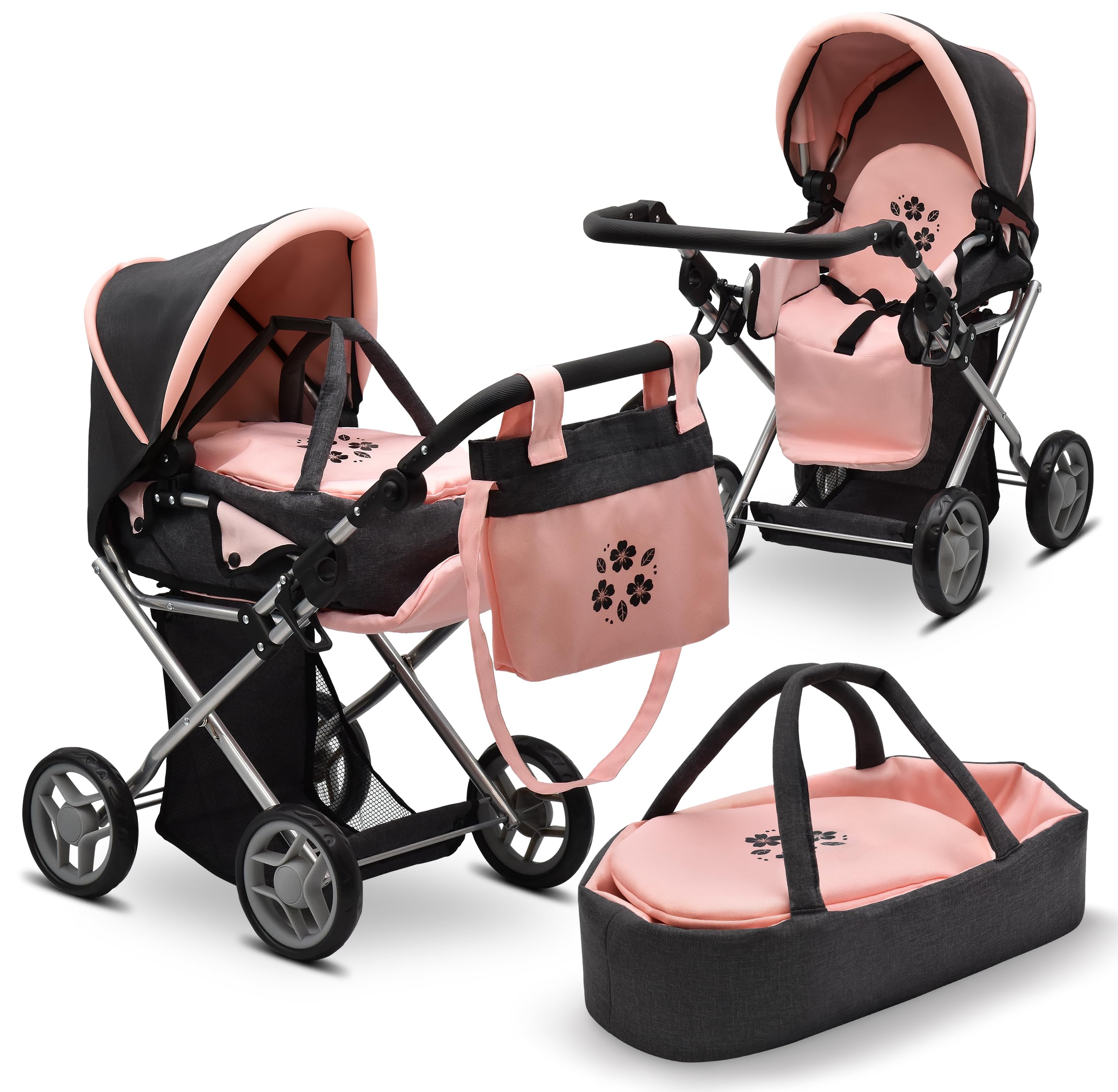 Baby Doll Convertible Pram Stroller with Removable Travel Bassinet Carrier for Kids Adjustable Handle Buggy Carriage with Canopy and Storage Basket 25 Inch Pink, Black