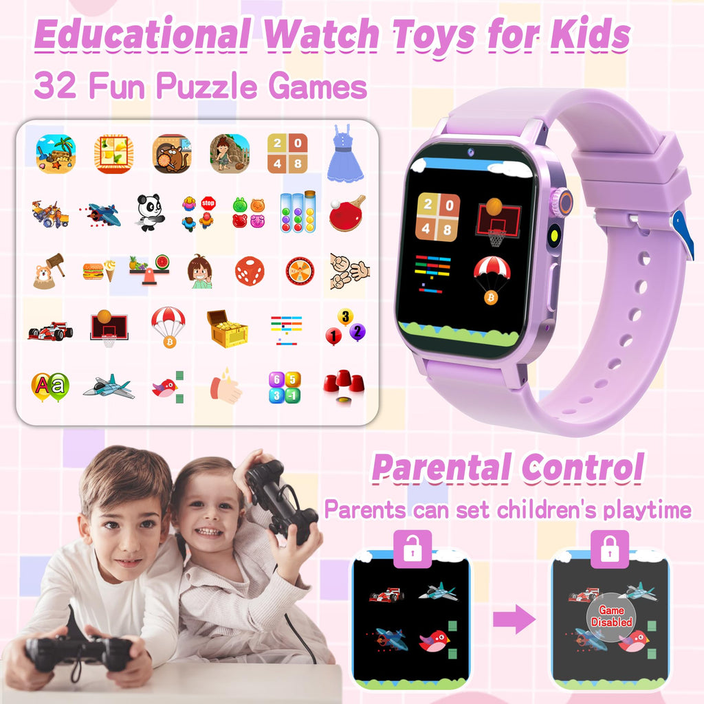 Kids Smart Watch Boys, Kids Game Smart Watch with 32 Games HD Touch Screen Video Camera Music Player Audiobooks Pedometer Flashlight Alarm Clock 12/24 hr, Toys Gift for 3-12 Years Old Boys Girls