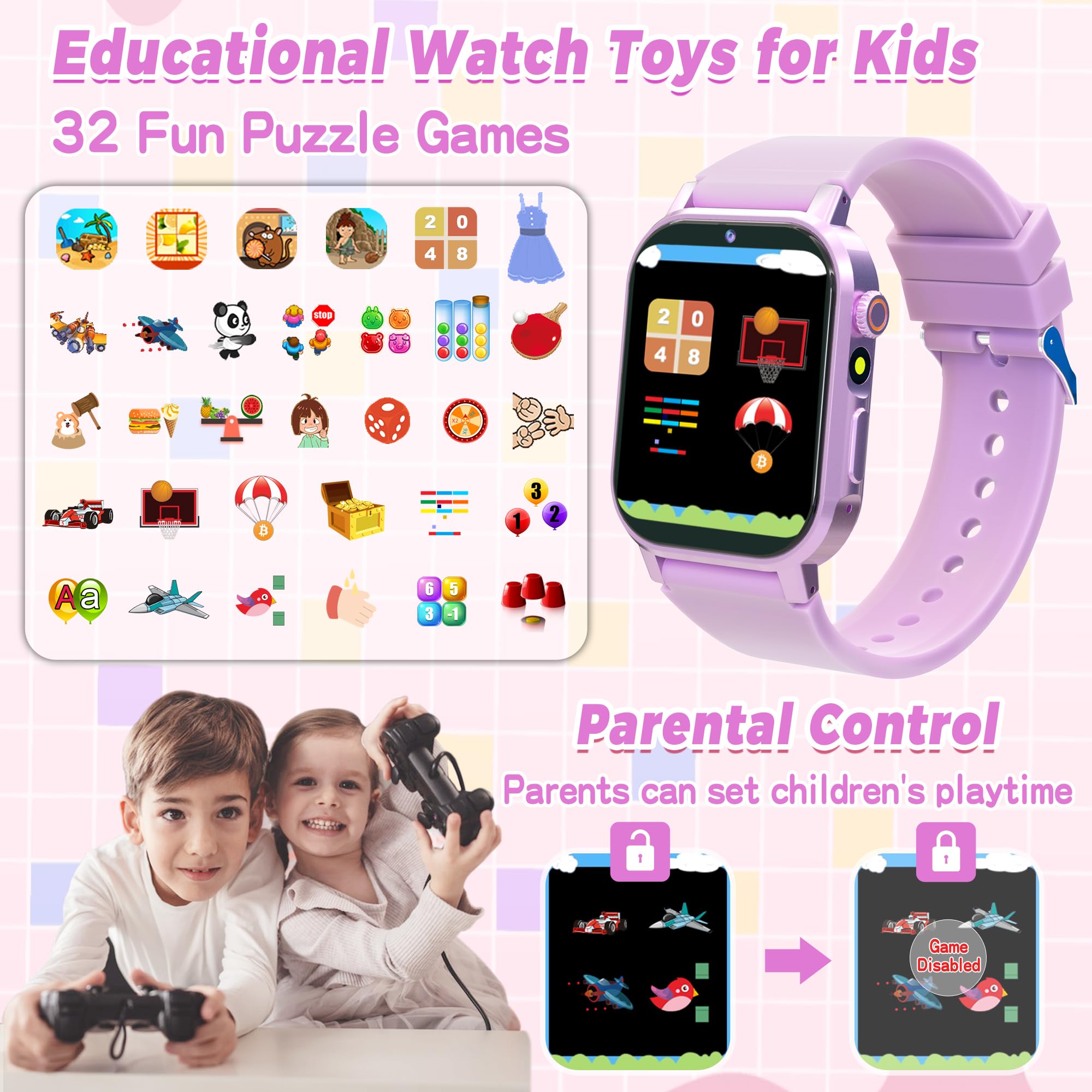 Kids Smart Watch Boys, Kids Game Smart Watch with 32 Games HD Touch Screen Video Camera Music Player Audiobooks Pedometer Flashlight Alarm Clock 12/24 hr, Toys Gift for 3-12 Years Old Boys Girls